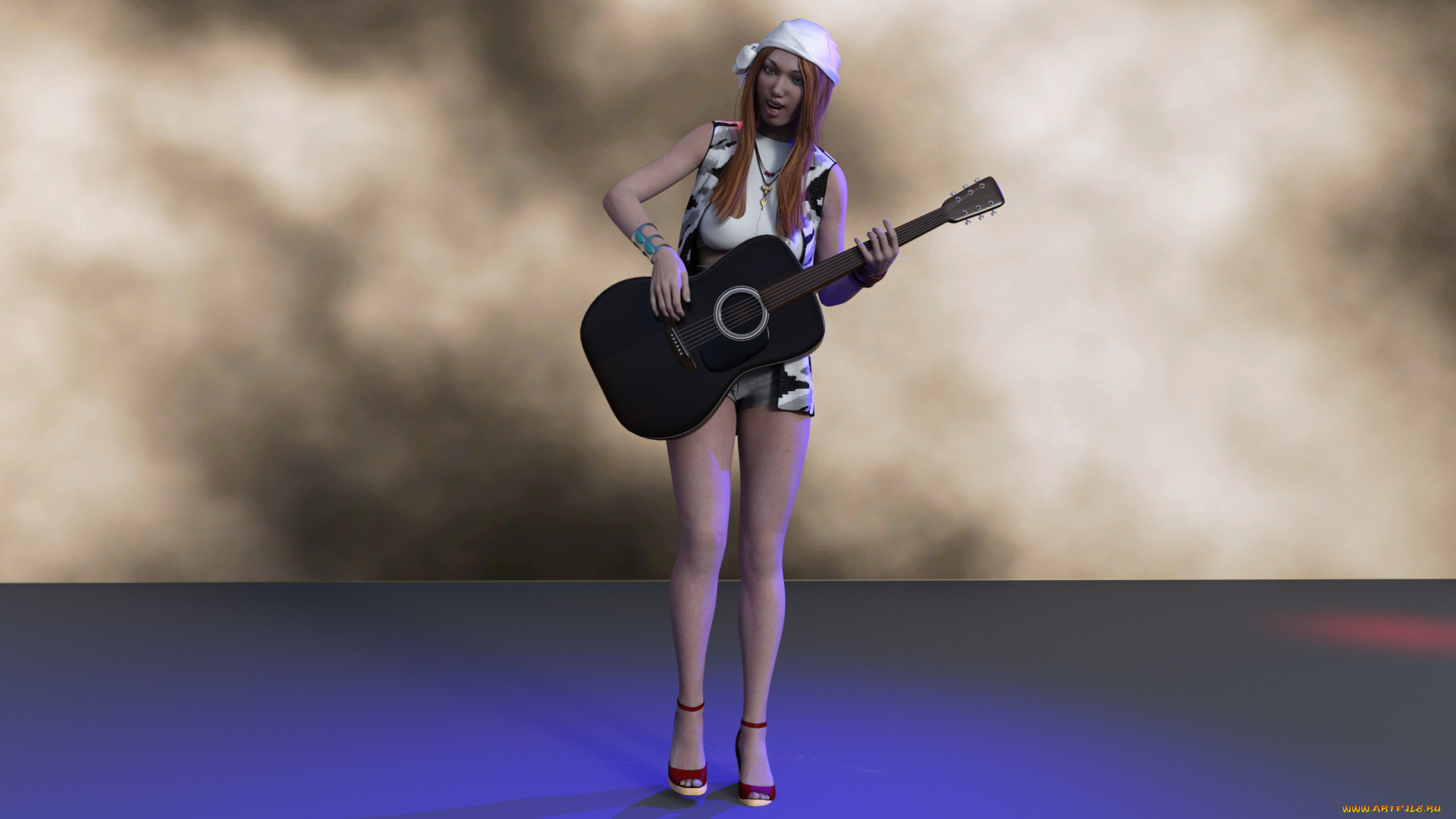 3д, графика, люди, , people, фон, взгляд, гитара, девушка