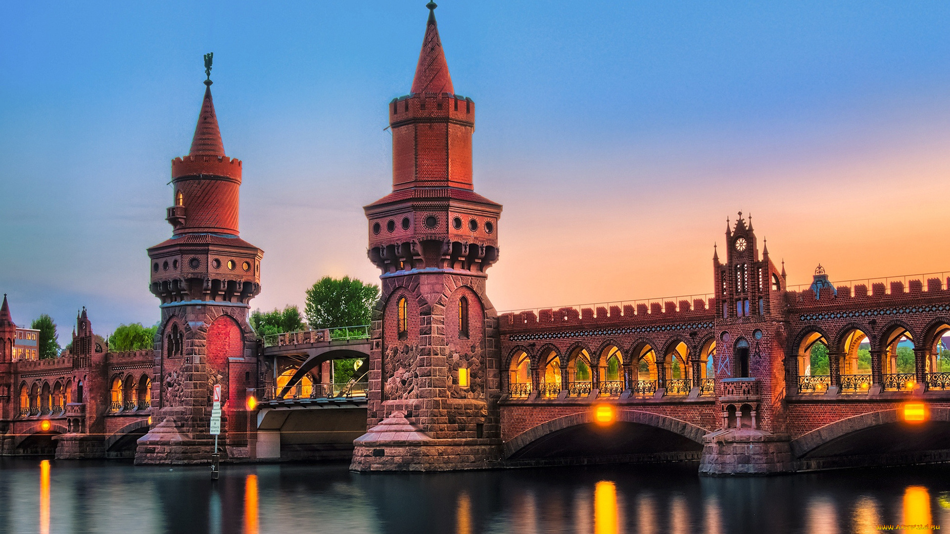 города, берлин, , германия, река, огни, мост