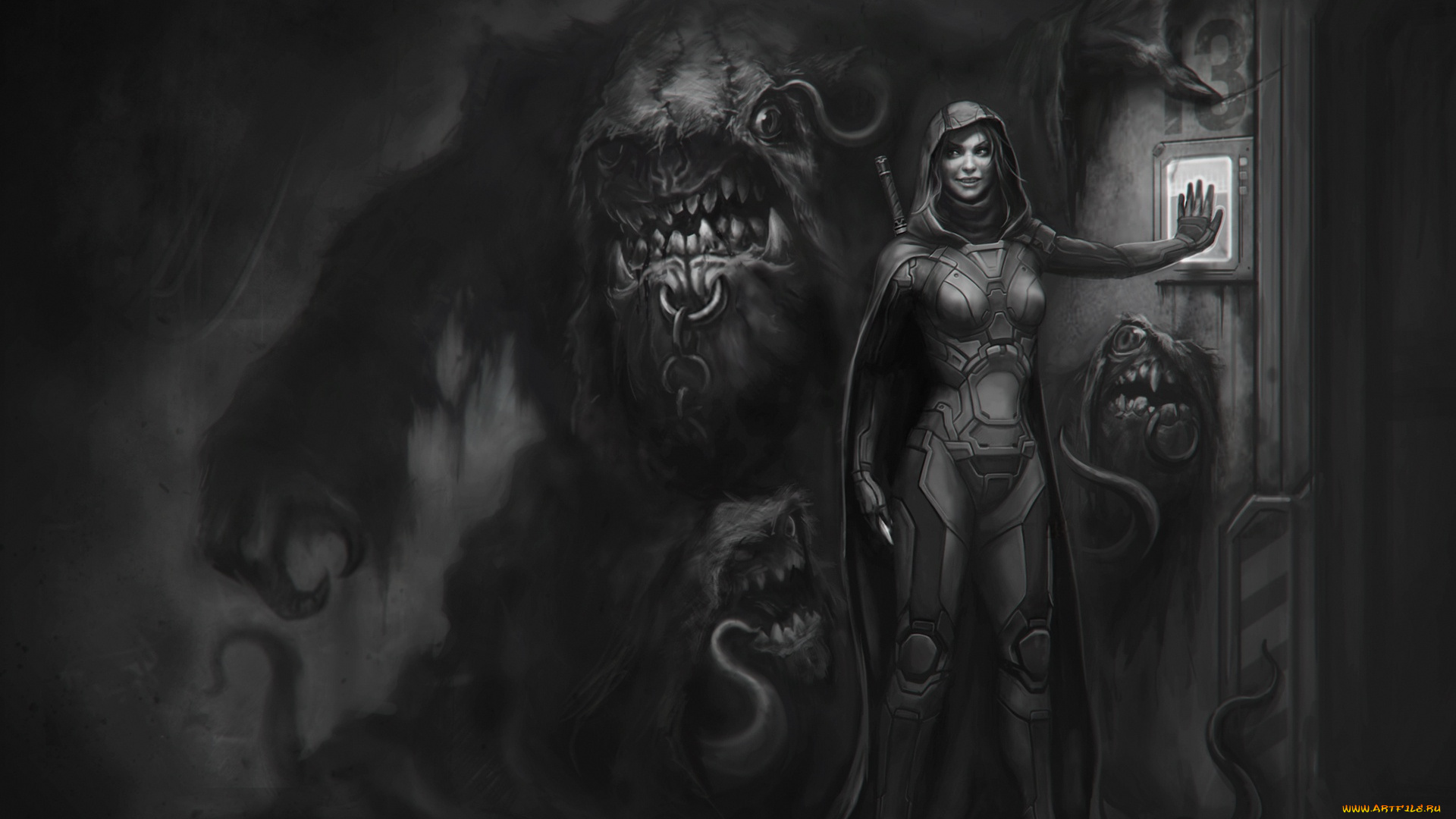 фэнтези, существа, дверь, меч, art, улыбка, привратник, чудовище, плащ, охранник