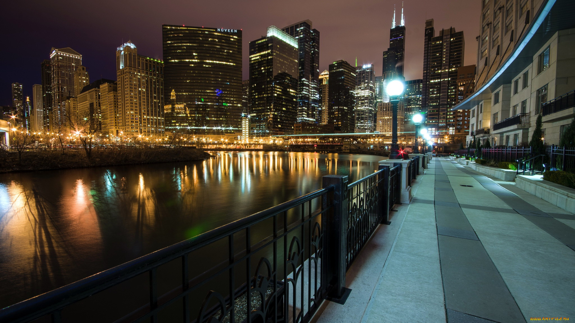 города, Чикаго, , сша, река, набережная, вечер, огни