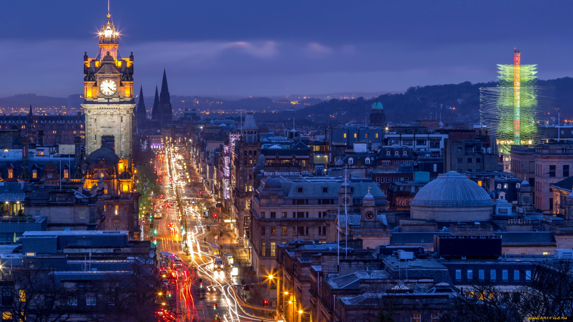 города, эдинбург, , шотландия, панорама, улица, вечер, огни
