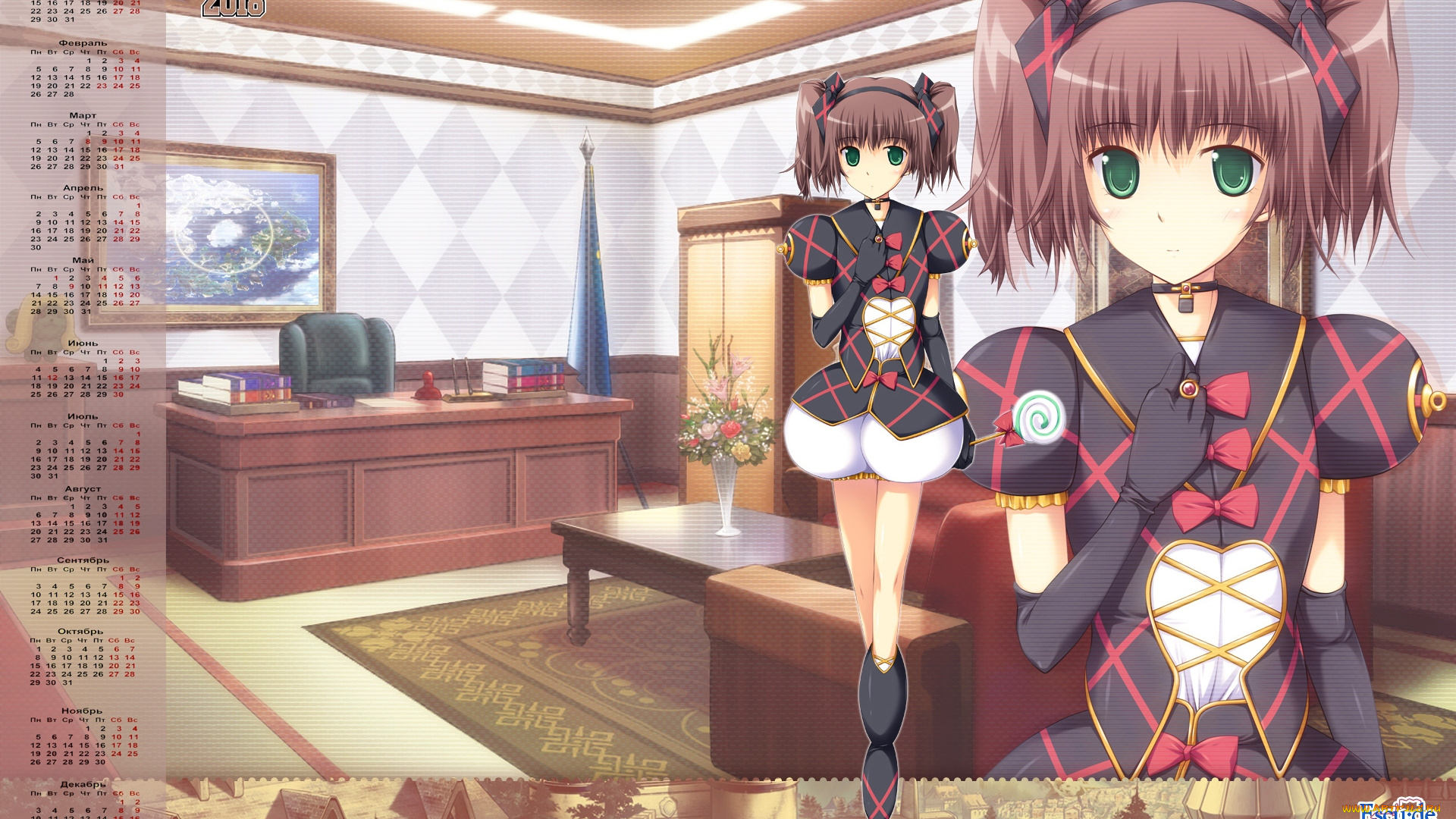 календари, аниме, 2018, стол, цветы, взгляд, кабинет, девушка