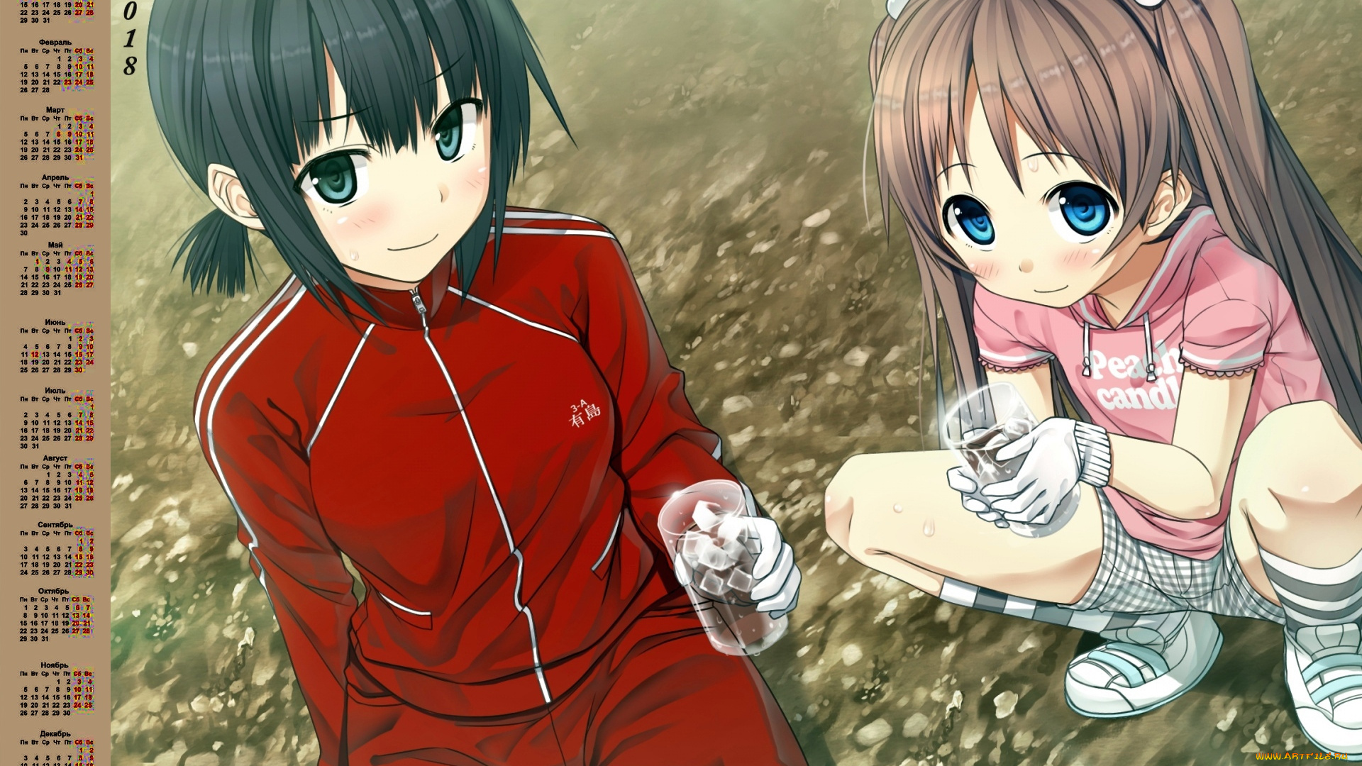 календари, аниме, стакан, взгляд, 2018, двое, девочка