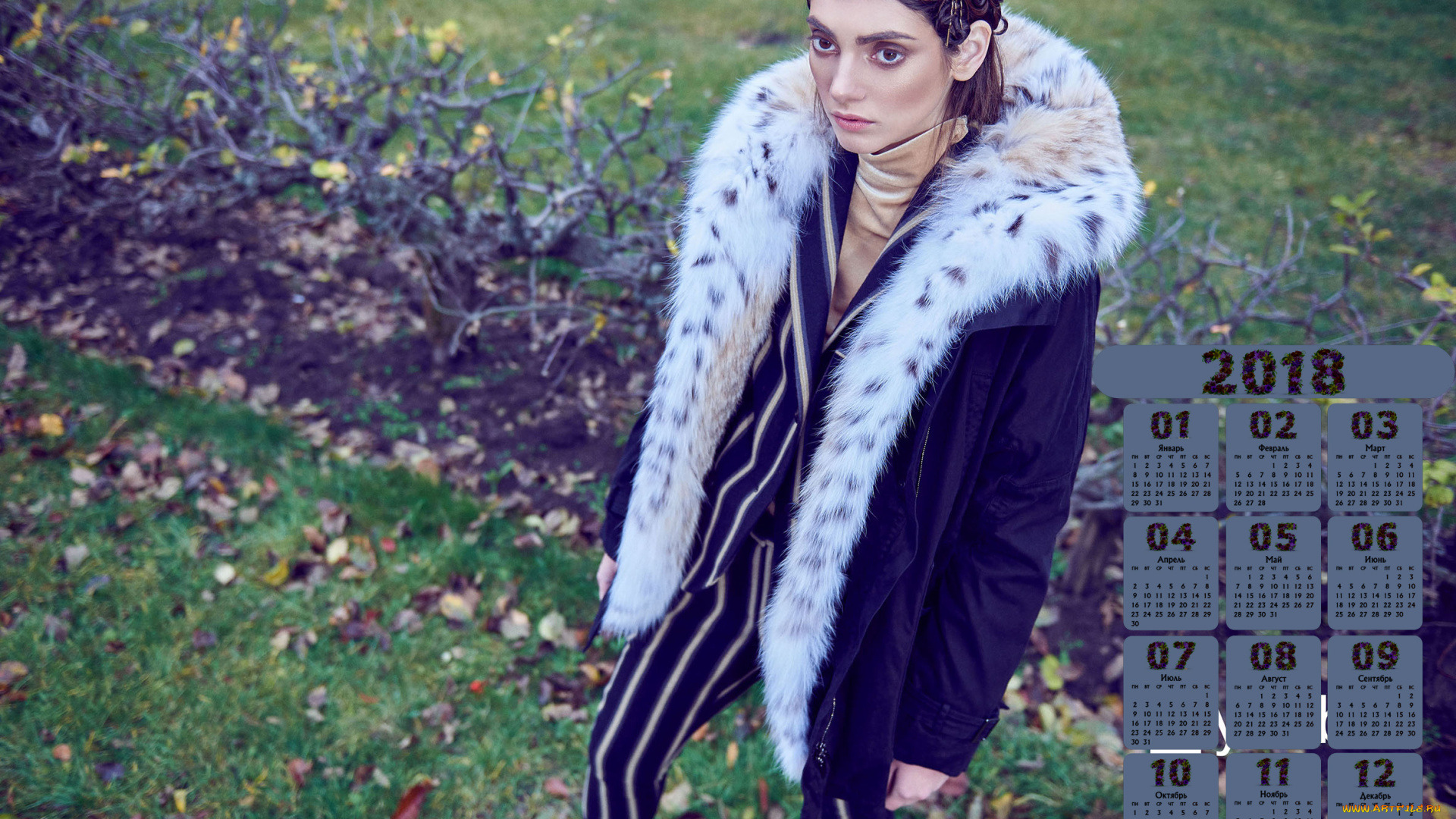 календари, девушки, листва, 2018, взгляд
