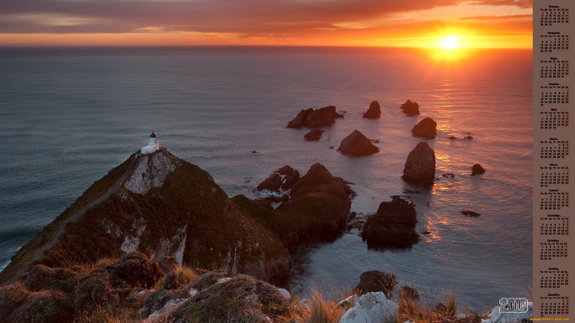 календари, природа, закат, водоем, маяк, 2018