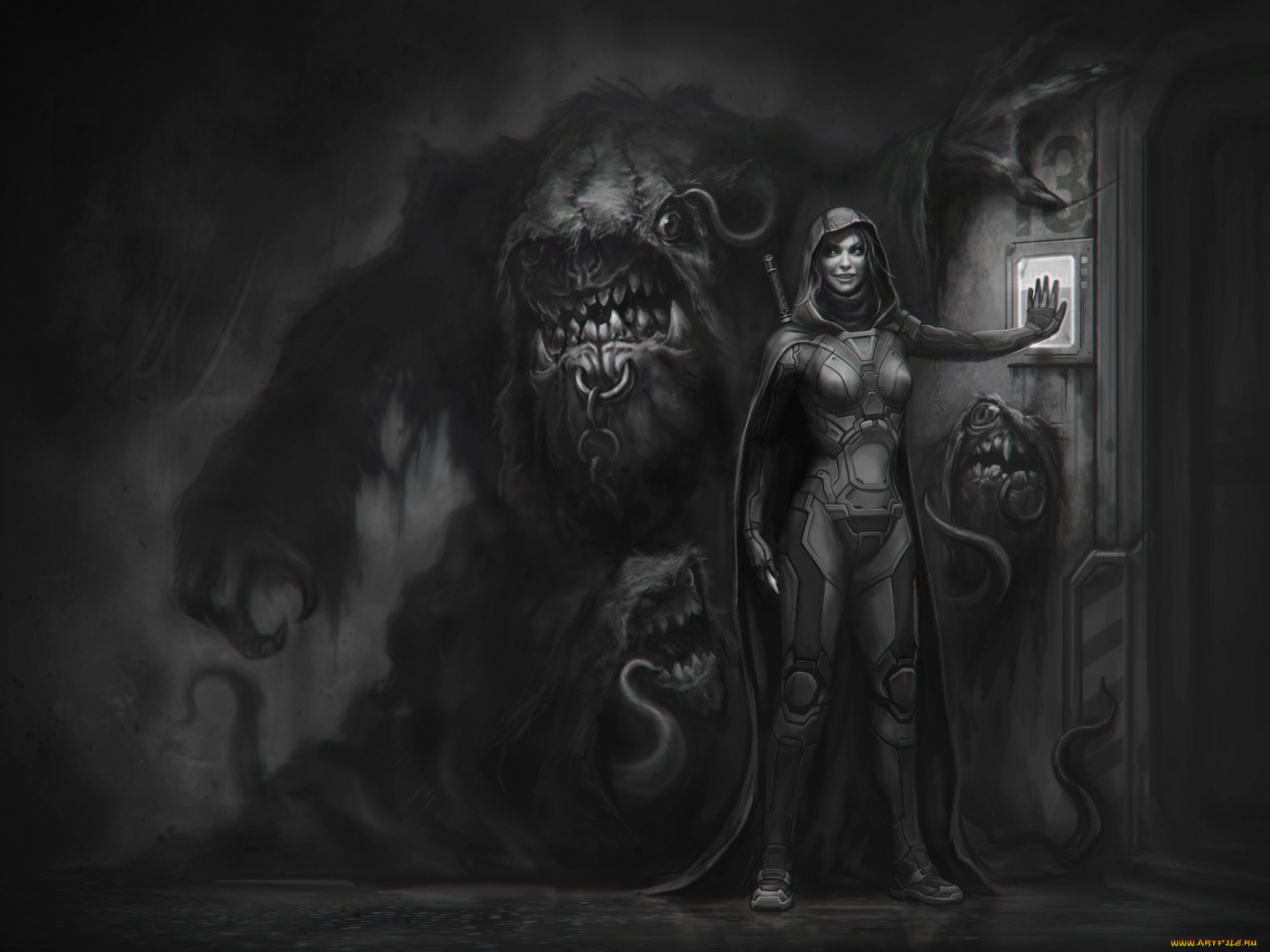 фэнтези, существа, дверь, меч, art, улыбка, привратник, чудовище, плащ, охранник