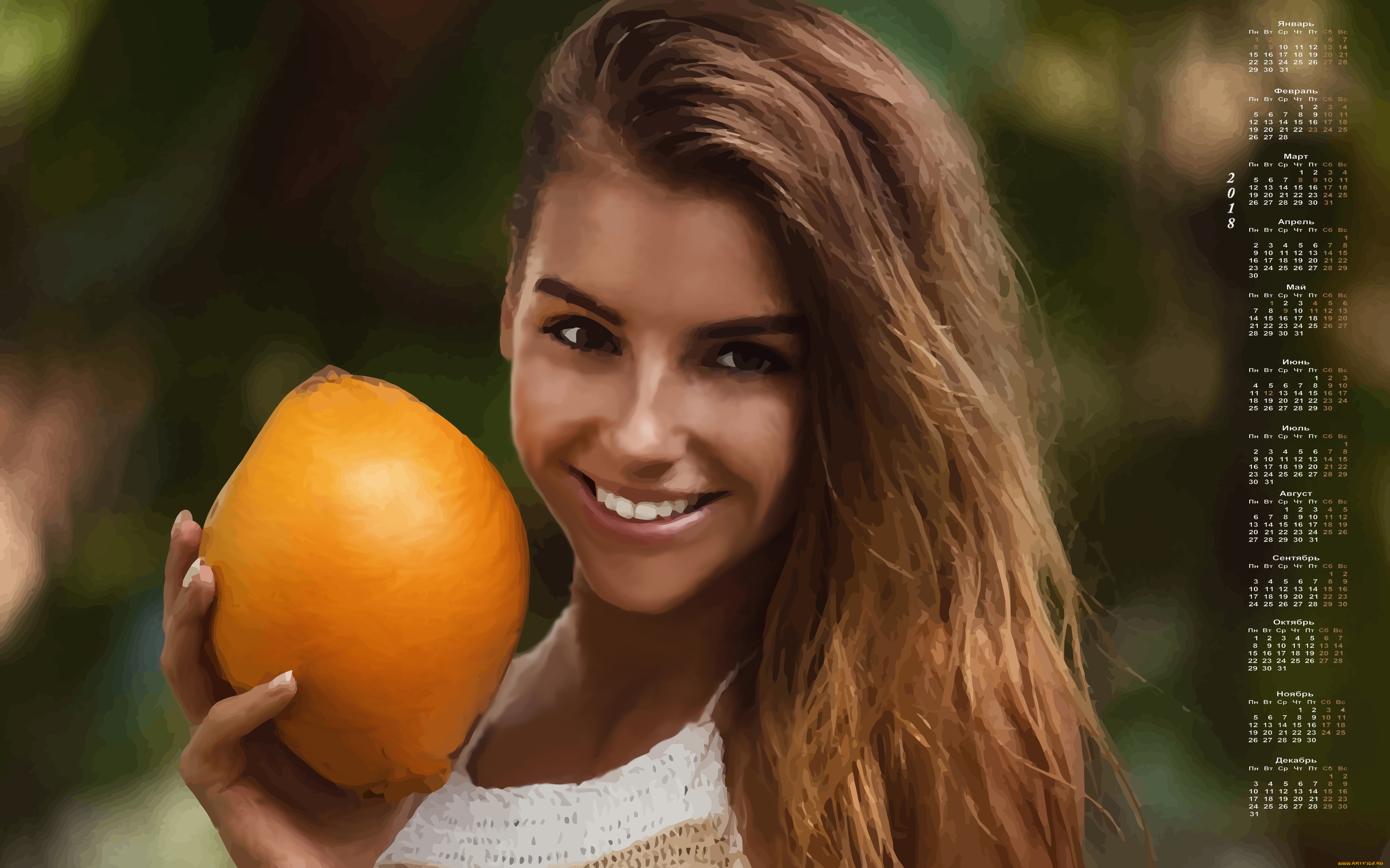 календари, рисованные, , векторная, графика, лицо, улыбка, 2018, фрукт, взгляд, девушка