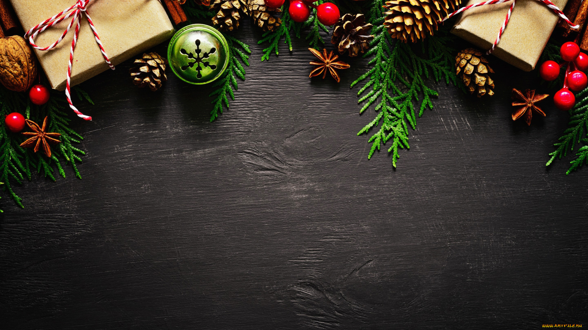 праздничные, -, разное, , новый, год, подарки, рождественское, украшение, деревянный, фон, подарочный, бокс, с, новым, годом, еловые, ветки, новогоднее