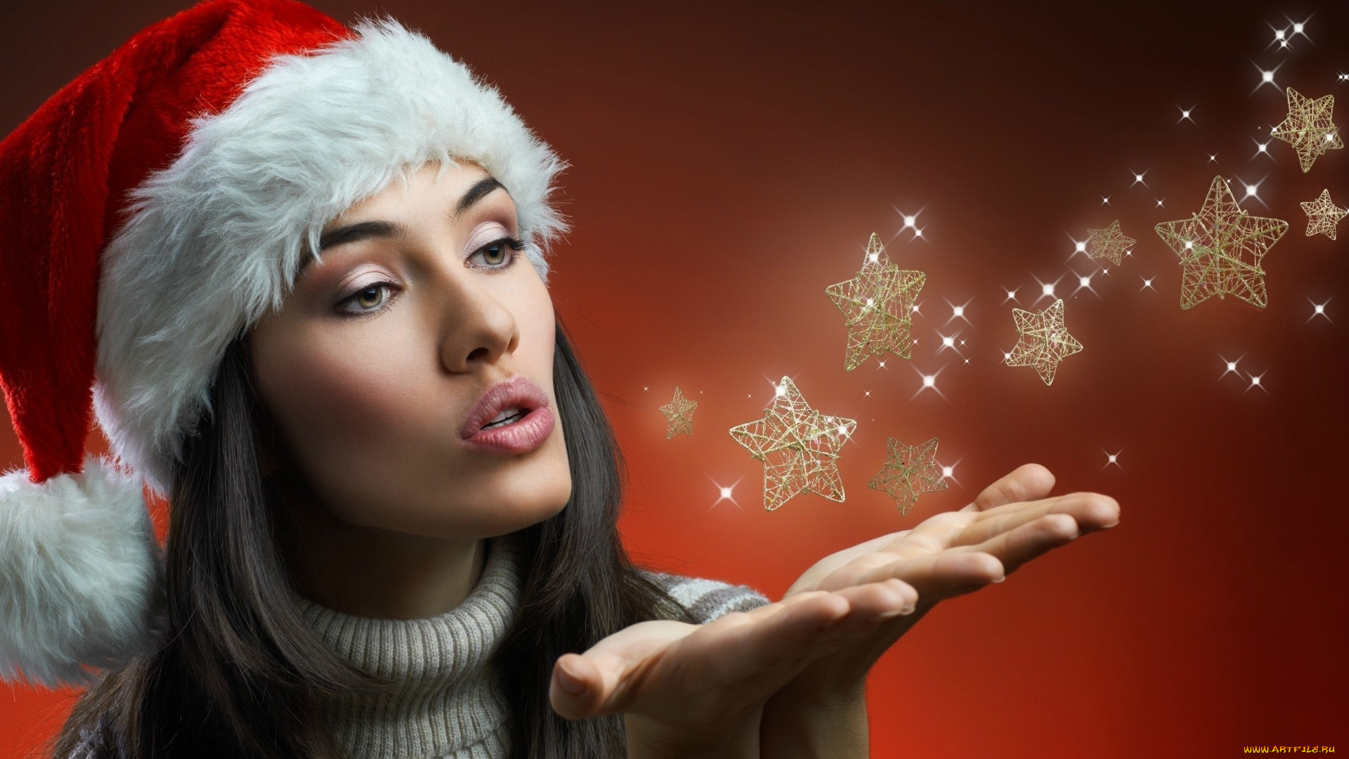 девушки, -, снегурочки, колпак, праздник, звездочки