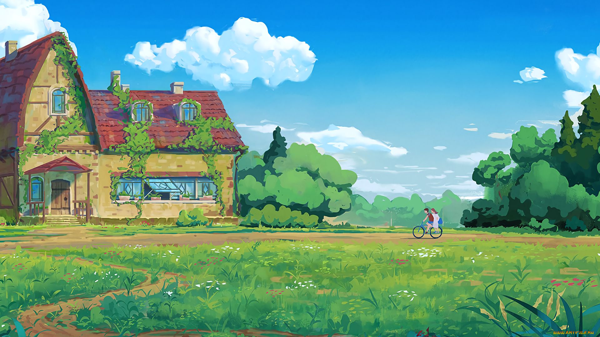 рисованное, денис, истомин, дом, деревья, луг, велосипедист