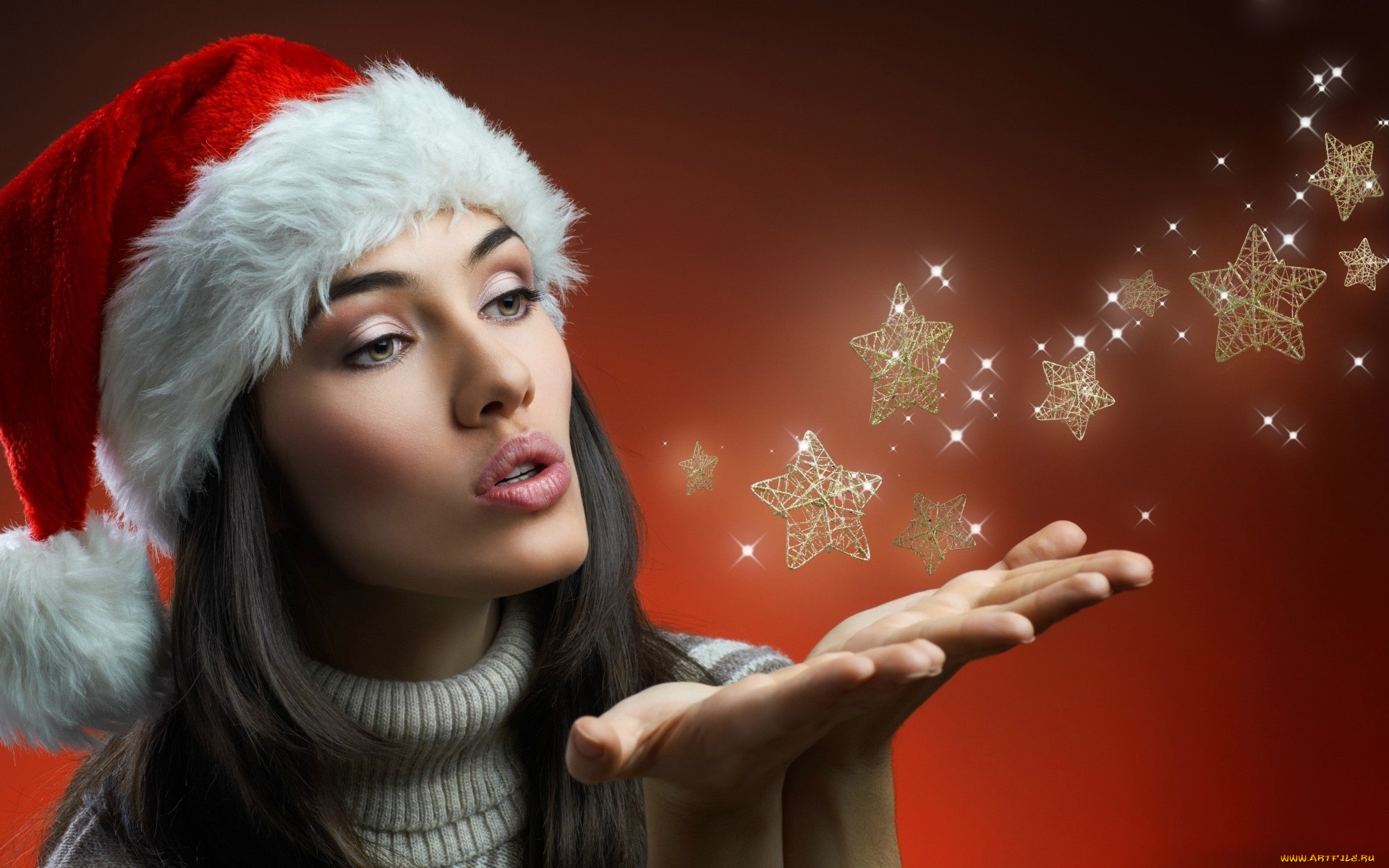 девушки, -, снегурочки, колпак, праздник, звездочки