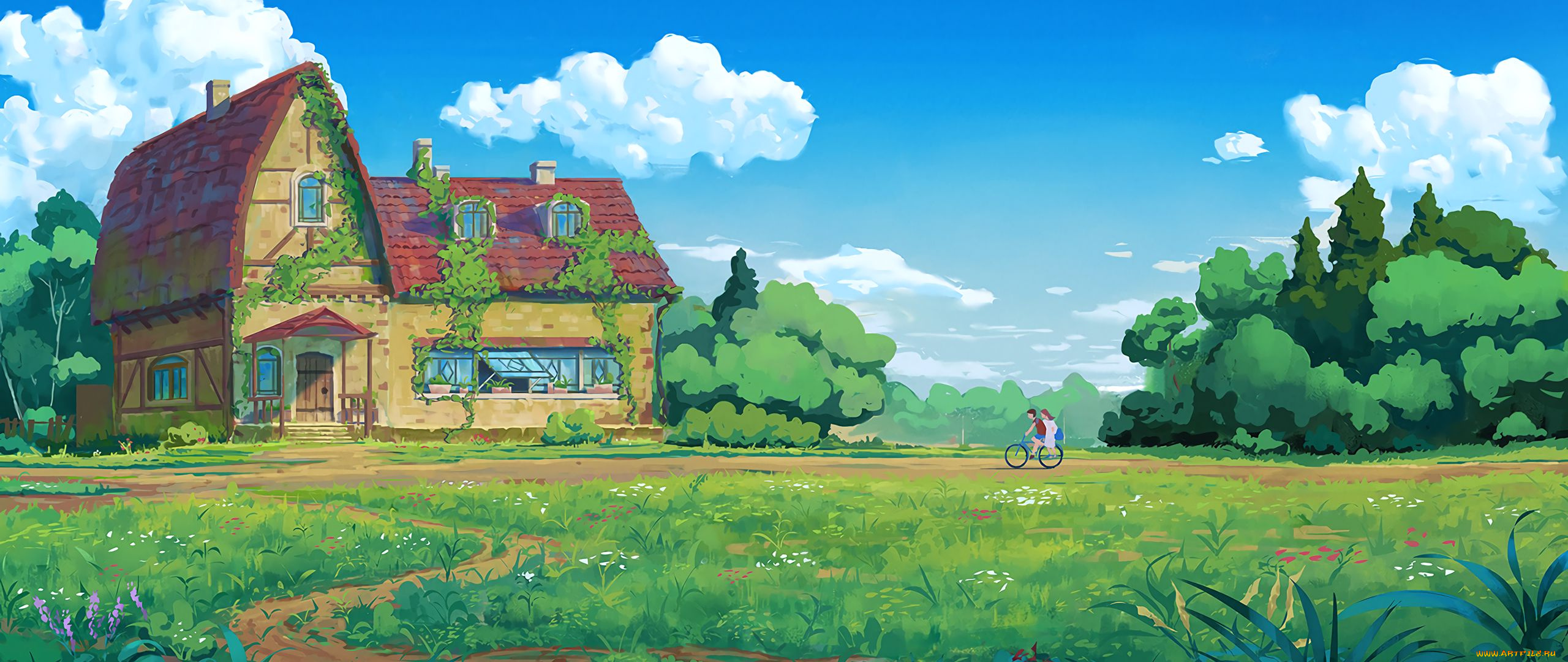 рисованное, денис, истомин, дом, деревья, луг, велосипедист