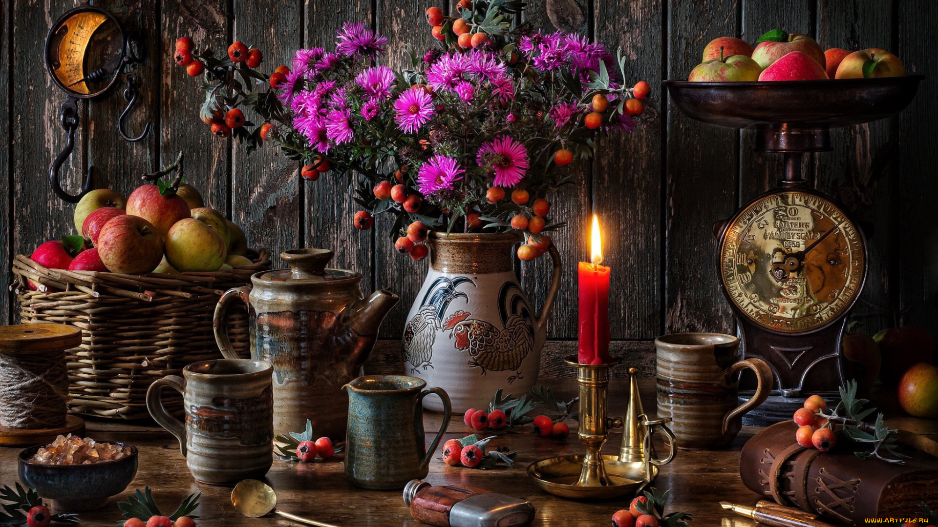 еда, натюрморт, астры, букет, шиповник, свеча, корзинка, яблоки, фляжка
