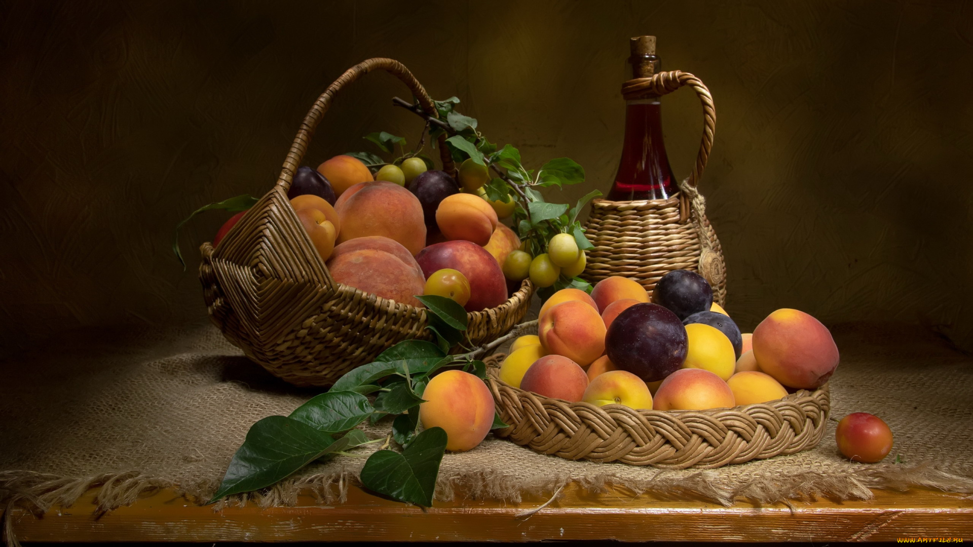 еда, персики, , сливы, , абрикосы, сливы, абрикосы, бутылка, вино, корзинка