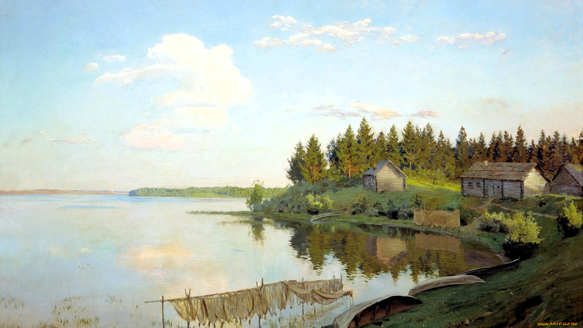 рисованное, исаак, левитан, озеро, лес, дома, берег, лодки, сети