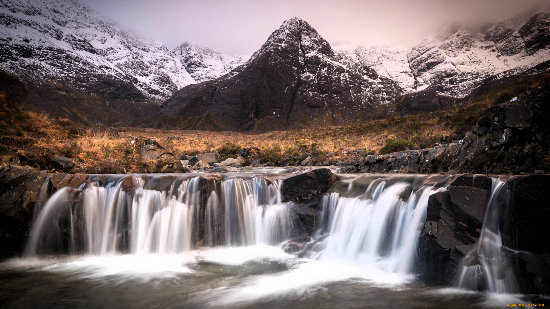 природа, водопады, горы, снег, поток, камни, водопад