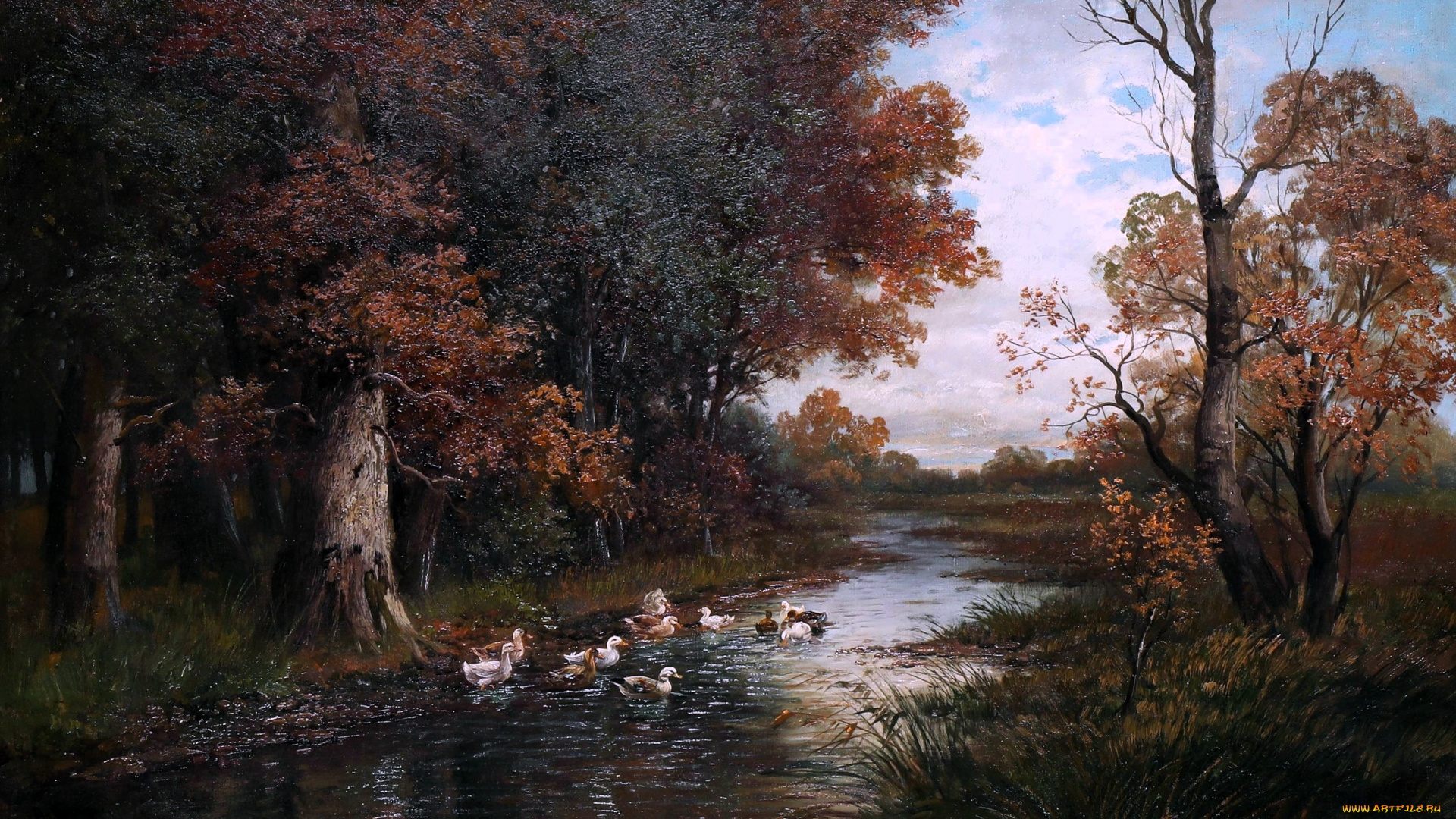 рисованное, alois, arnegger, деревья, лес, берега, река, утки, трава