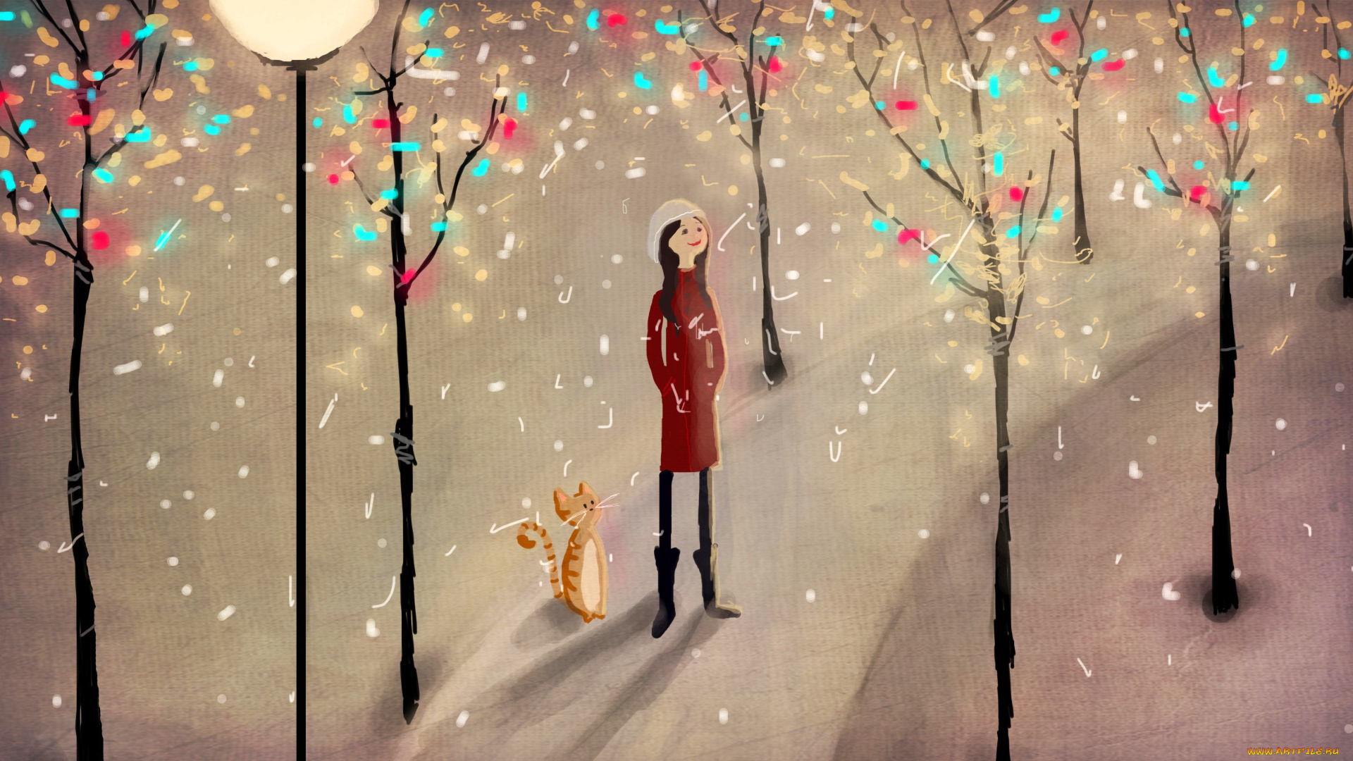 рисованное, люди, девушка, кот, дорога, снег, деревья, фонарь, конфетти