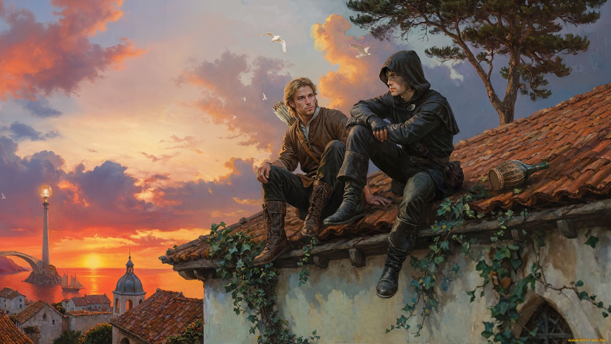 фэнтези, люди, пейзаж, сидят, на, крыше, дома