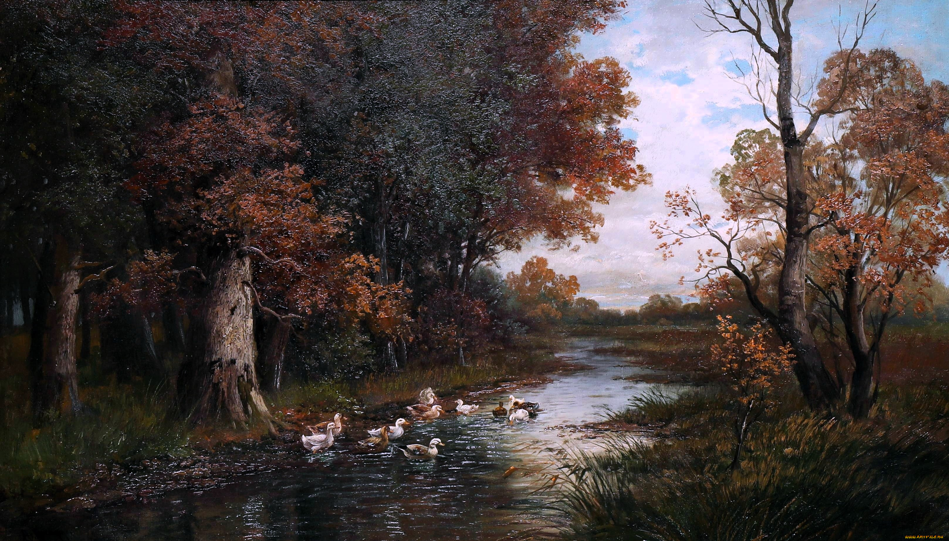 рисованное, alois, arnegger, деревья, лес, берега, река, утки, трава