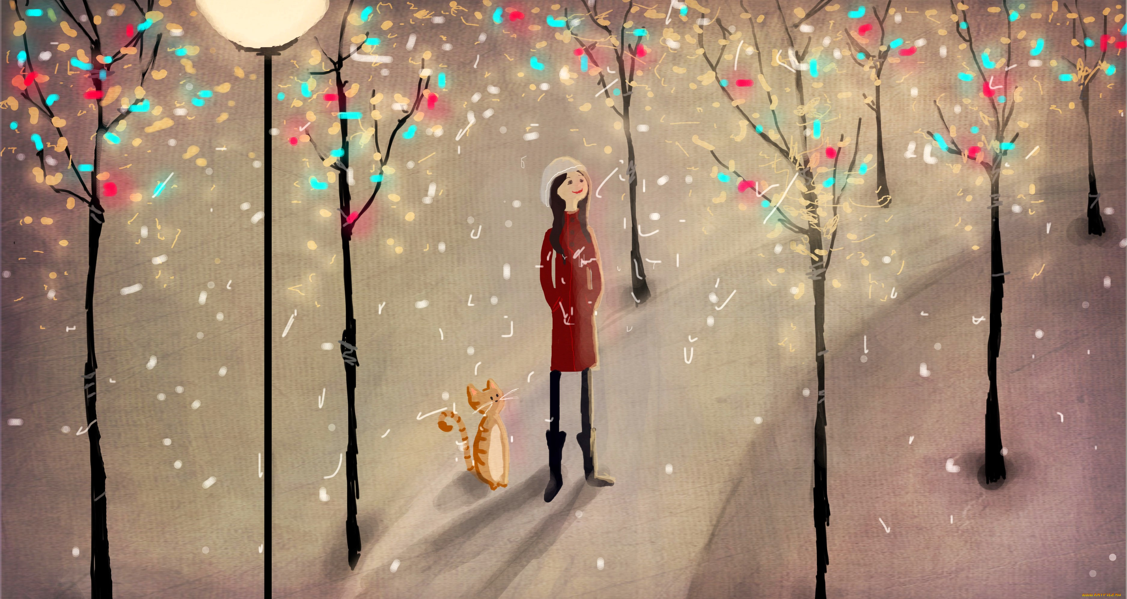 рисованное, люди, девушка, кот, дорога, снег, деревья, фонарь, конфетти