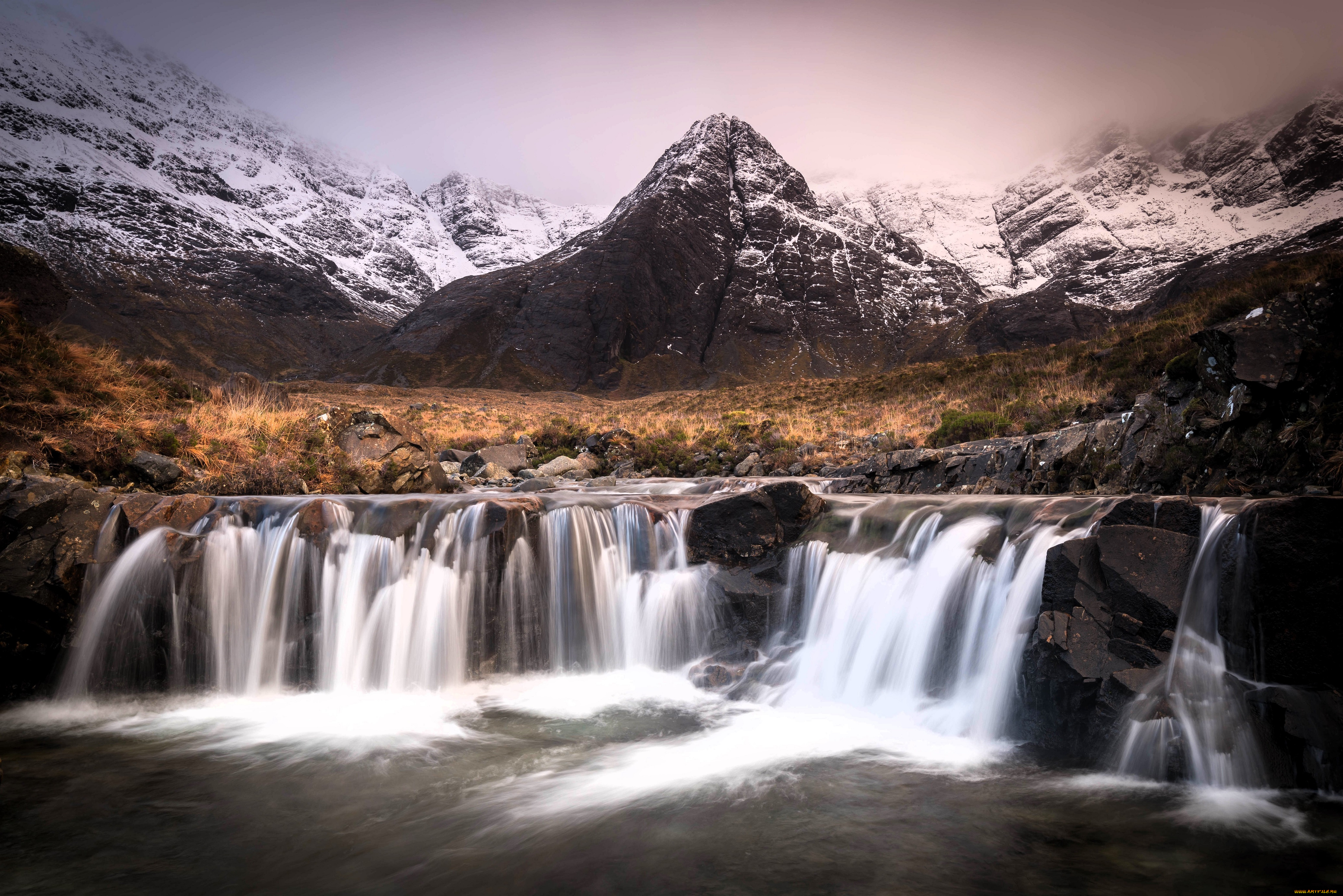 природа, водопады, горы, снег, поток, камни, водопад
