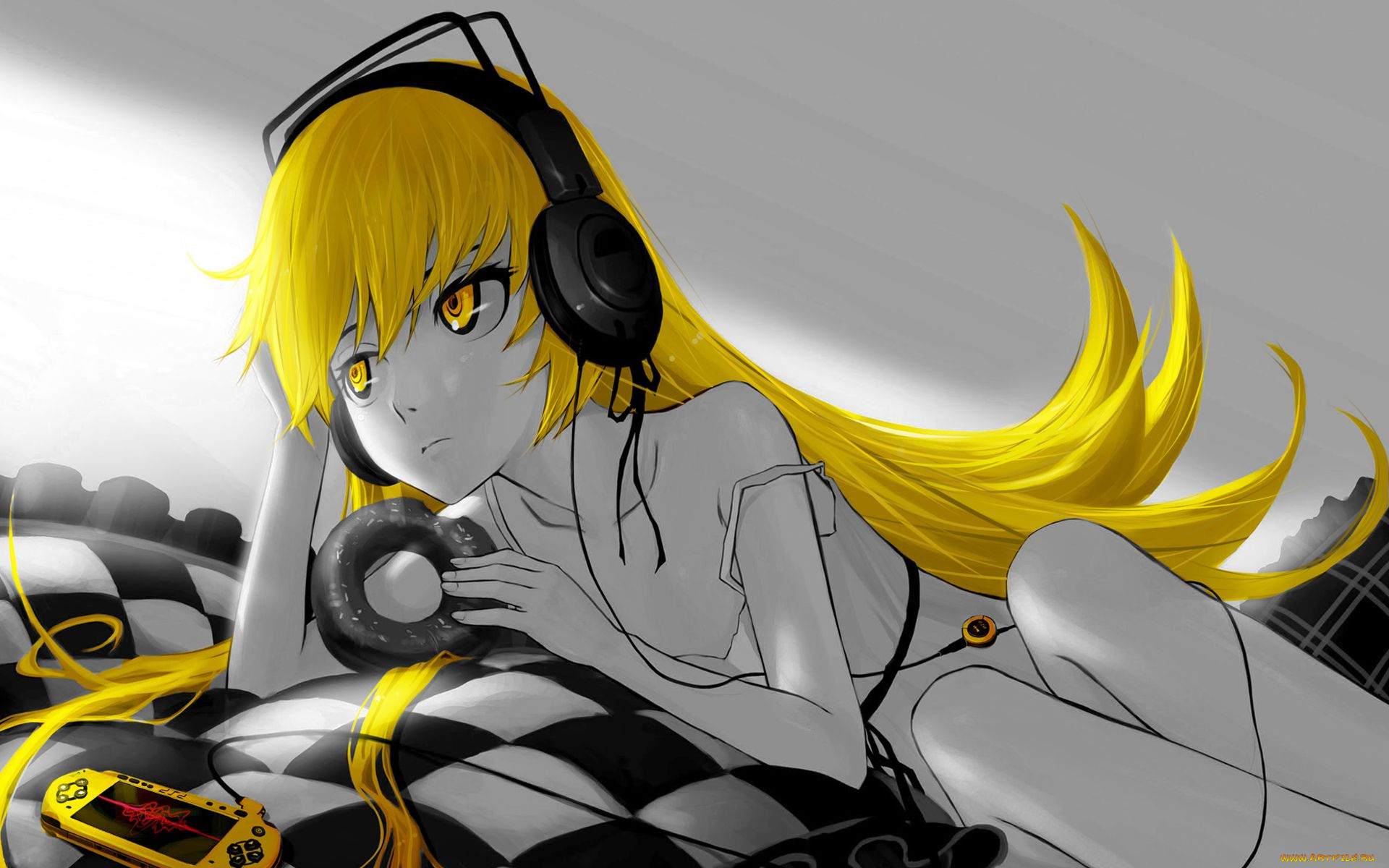 аниме, bakemonogatari, oshino, shinobu, девушка, платье, шлем, пончик, еда, наушники, psp, клетчатый, кровать, подушка