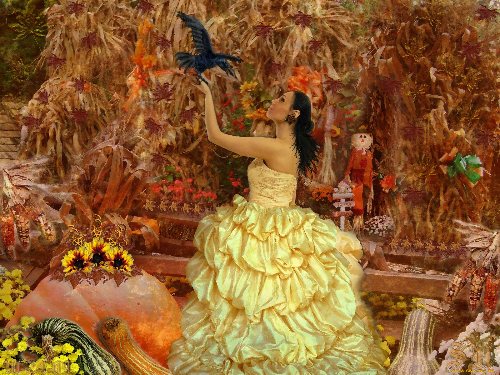 рисованные, люди, ворон, платье