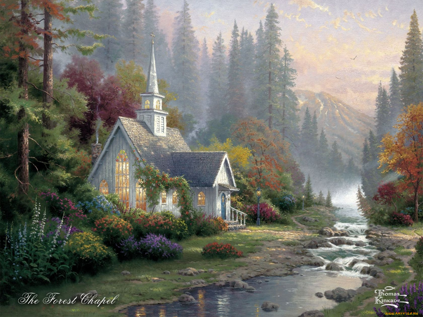 thomas, kinkade, рисованные, церковь, пейзаж, река