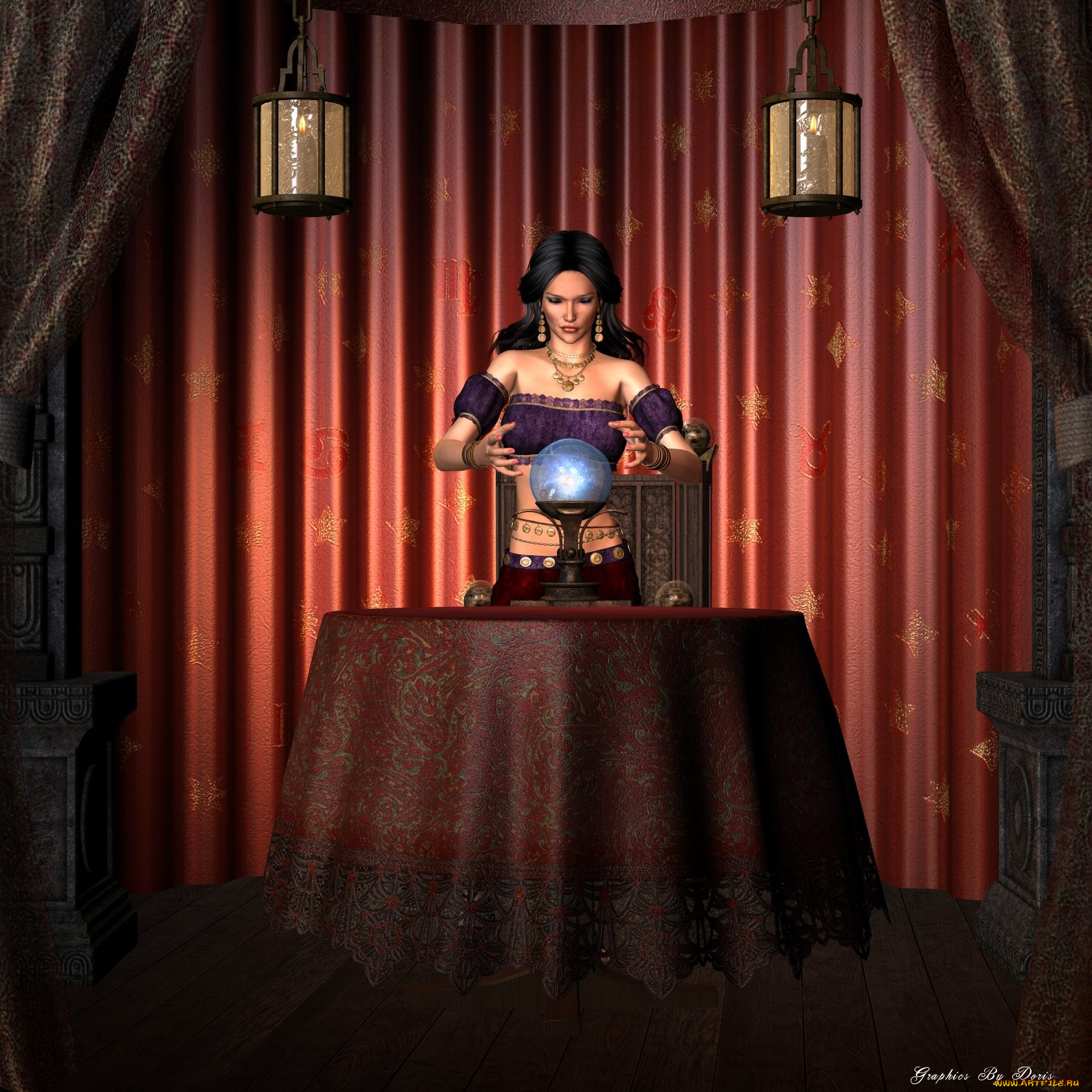 3д, графика, fantasy, фантазия, шар, магия, шторы, свечи, девушка, стол
