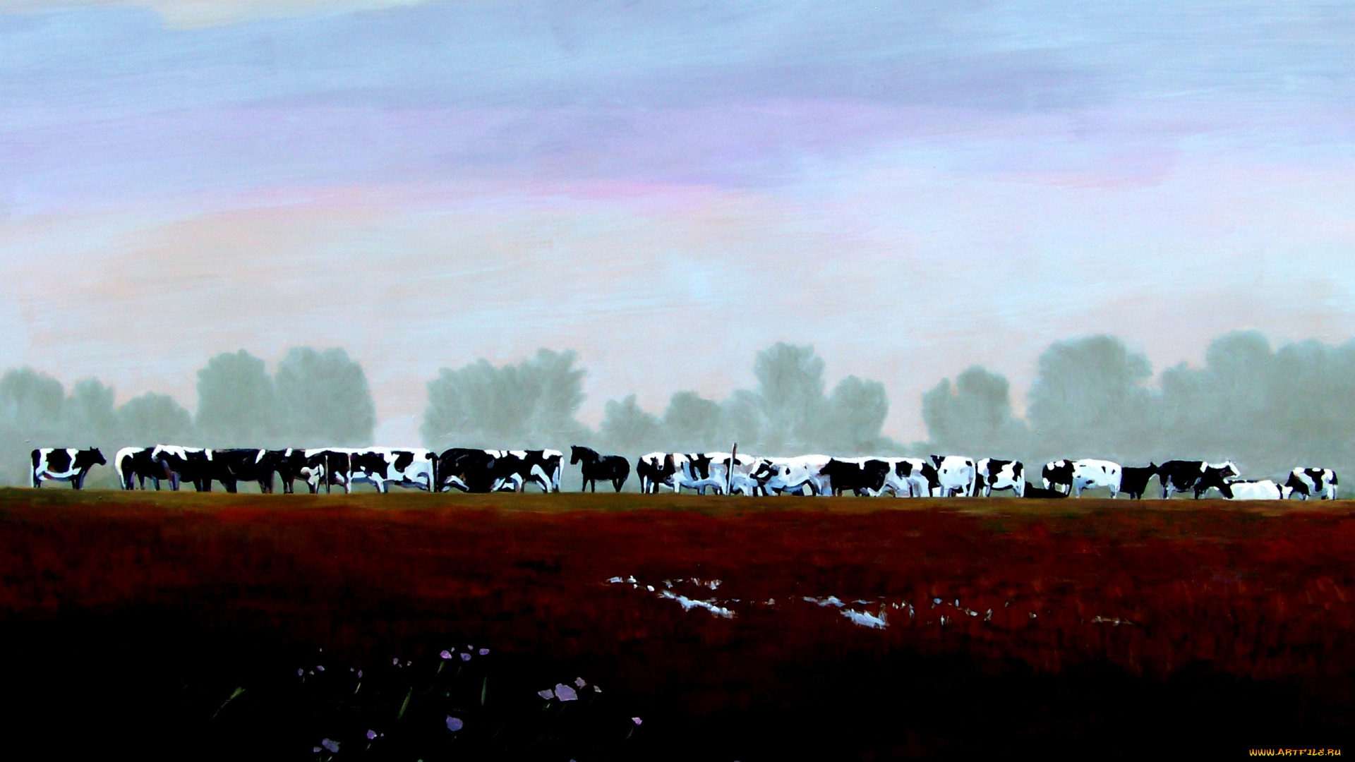 david, rickert, рисованные, лошадь, коровы, пастбище