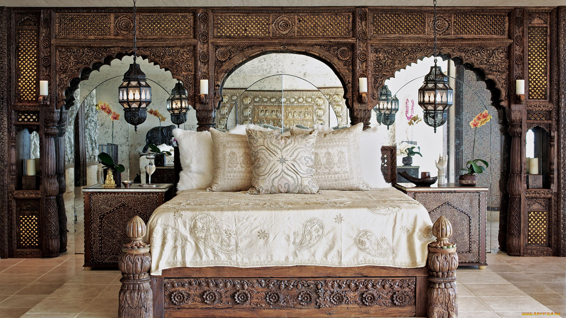 интерьер, спальня, светильник, подушка, кровать