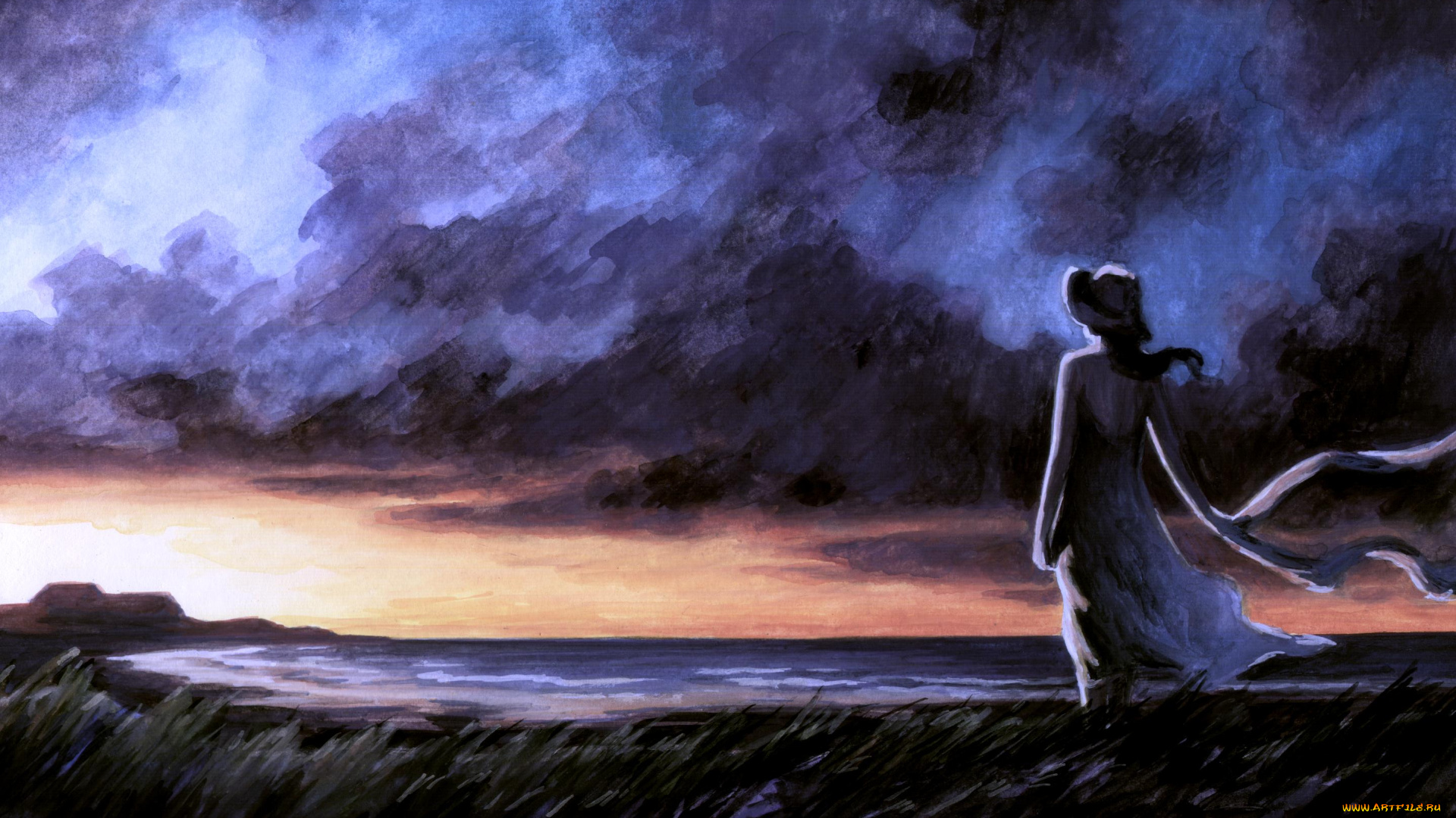 рисованные, люди, девушка, берег