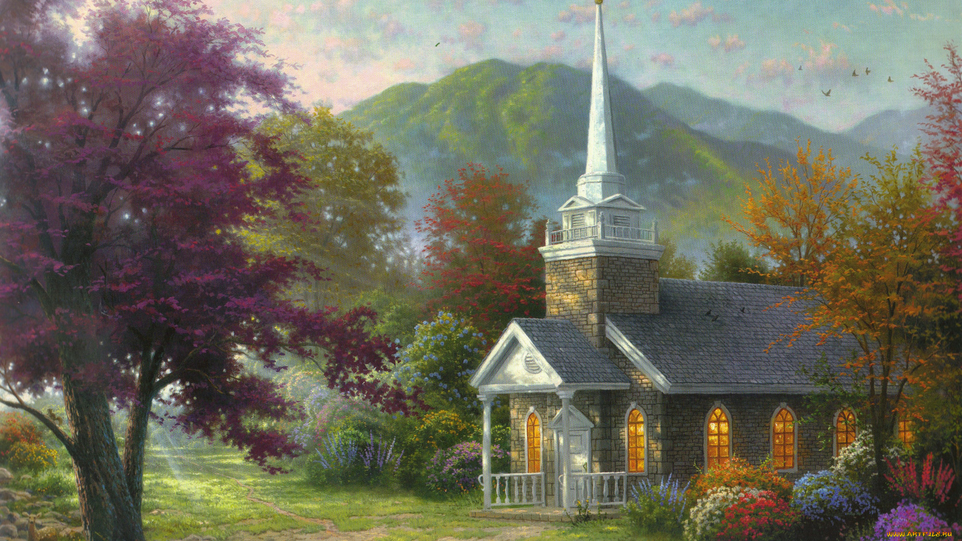 thomas, kinkade, рисованные, пейзаж, церковь