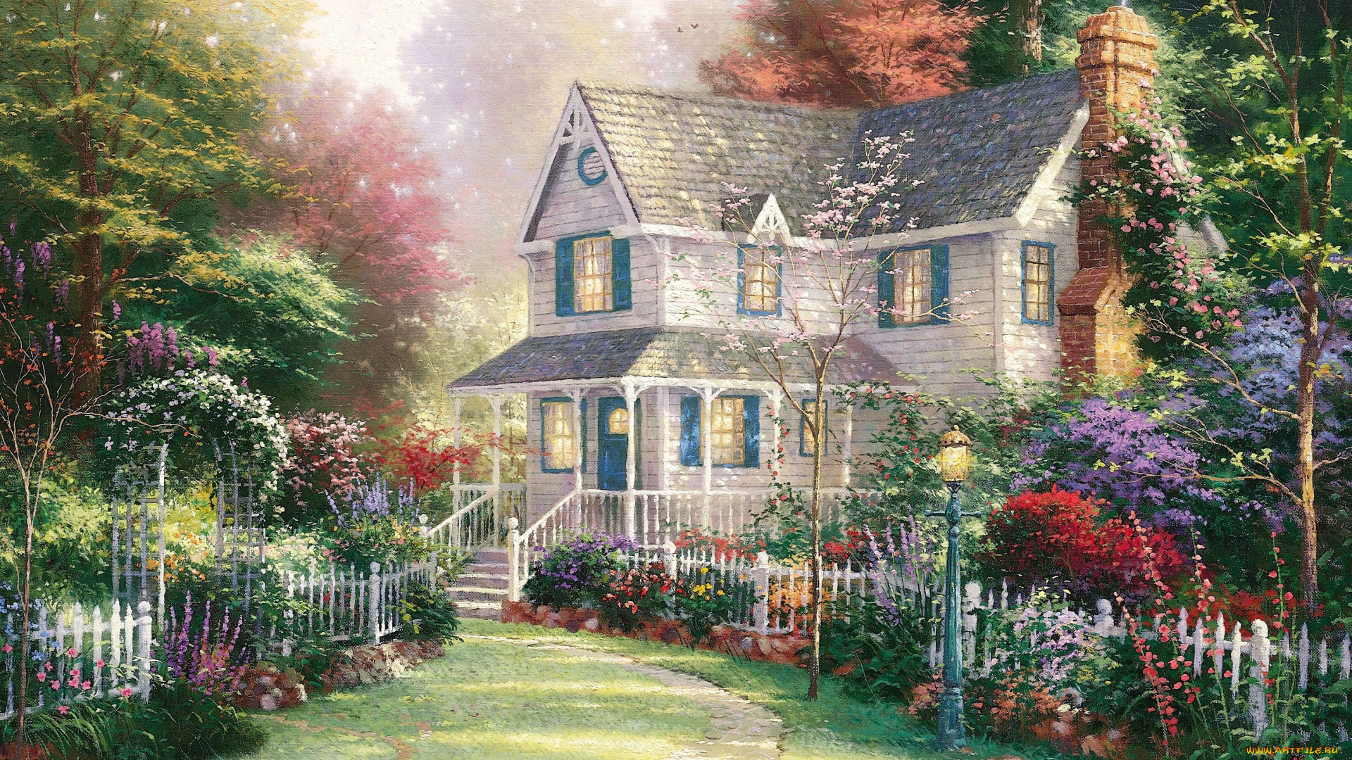 thomas, kinkade, рисованные, сад, дом