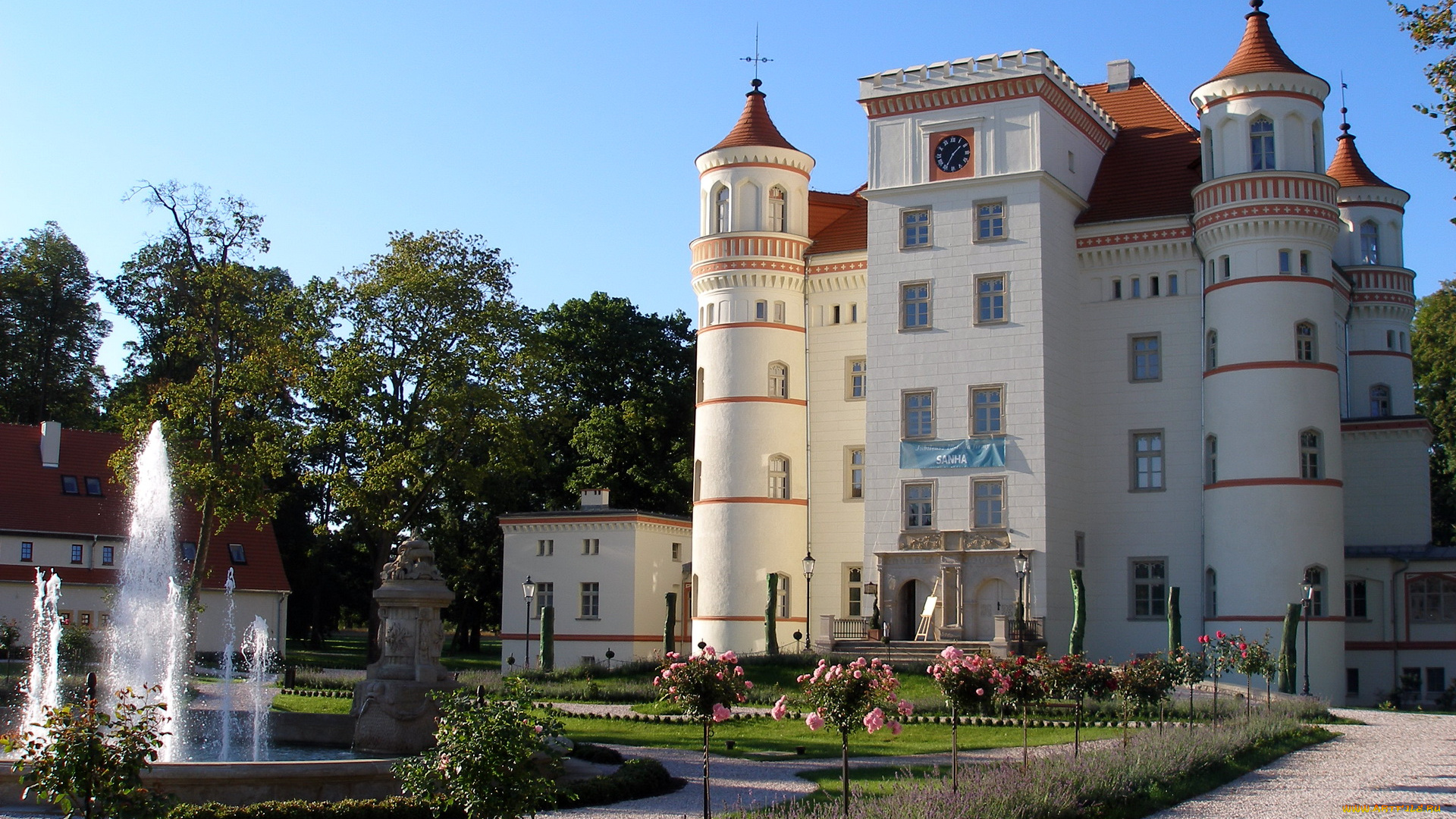 wojanow, palace, poland, города, дворцы, замки, крепости, розы, фонтан, дворец