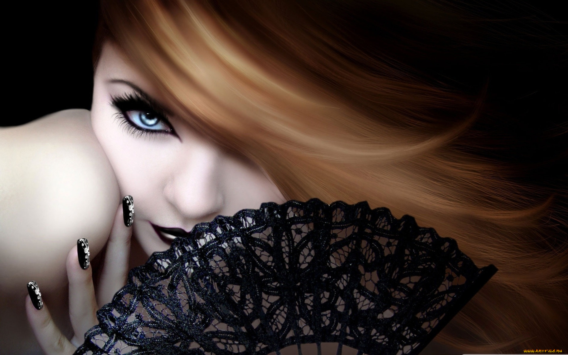 рисованные, люди, волосы, девушка, веер