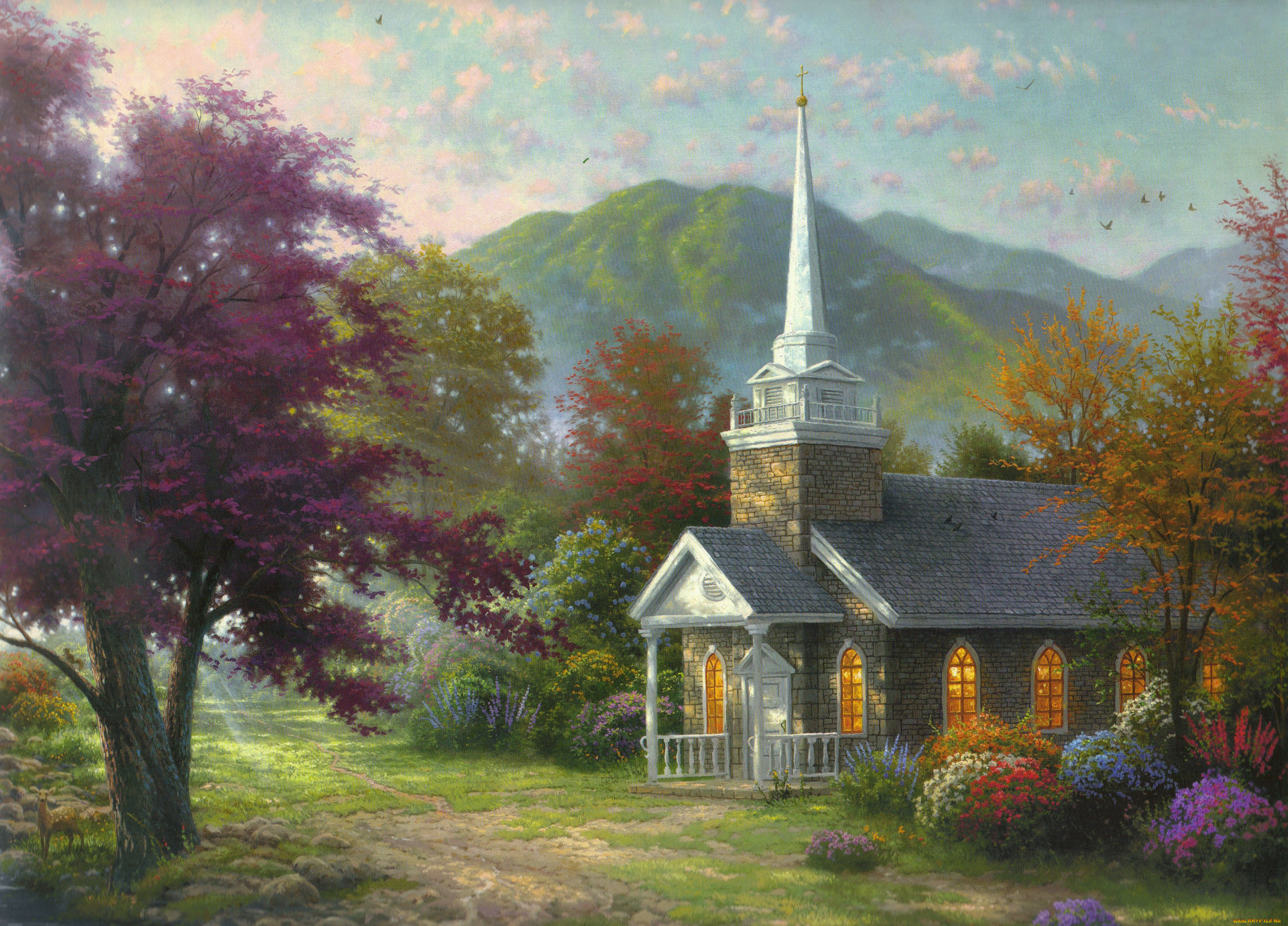 thomas, kinkade, рисованные, пейзаж, церковь