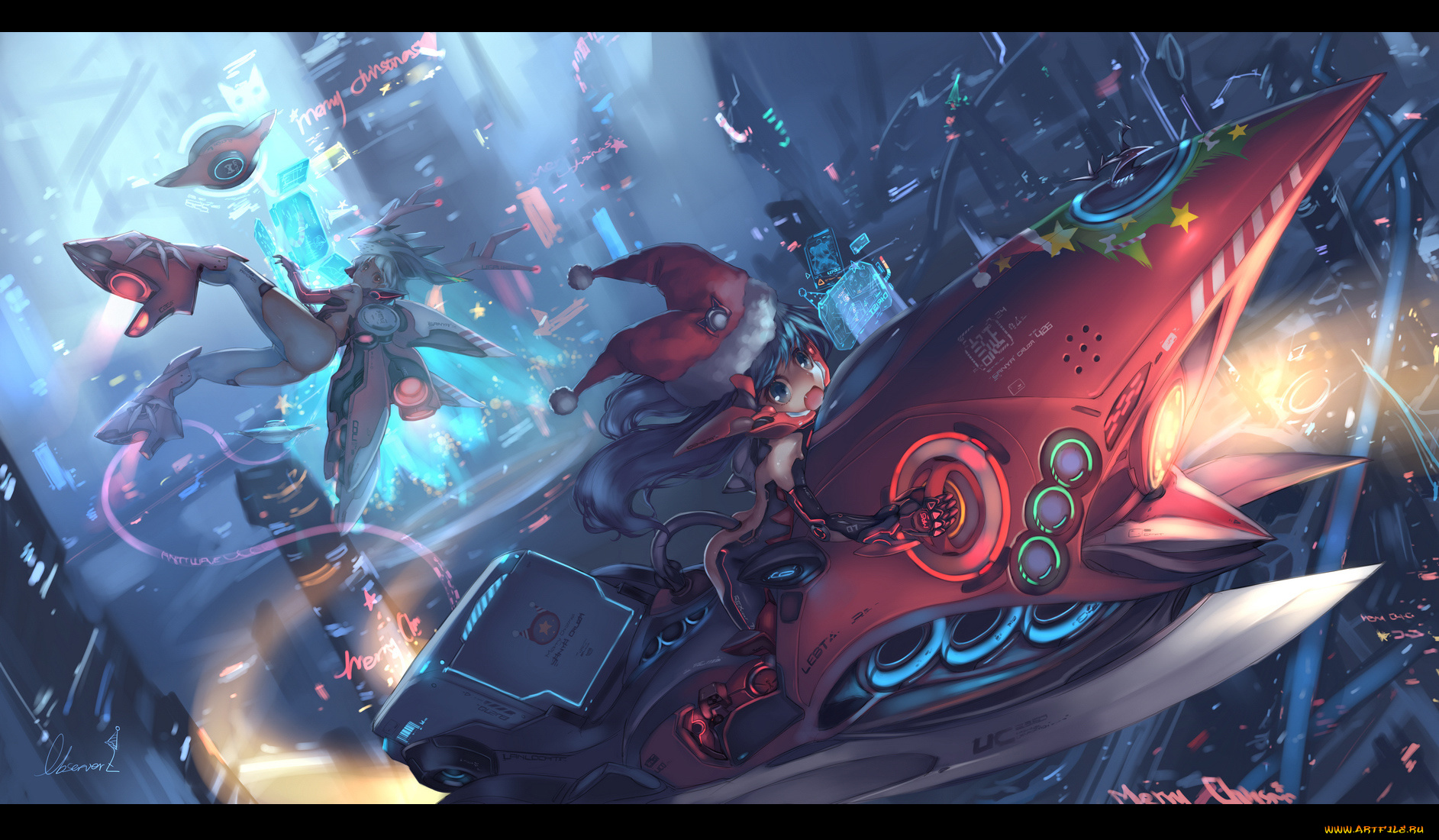 by, babycat, аниме, merry, chrismas, winter, девушки, олень, машина, город, будущее