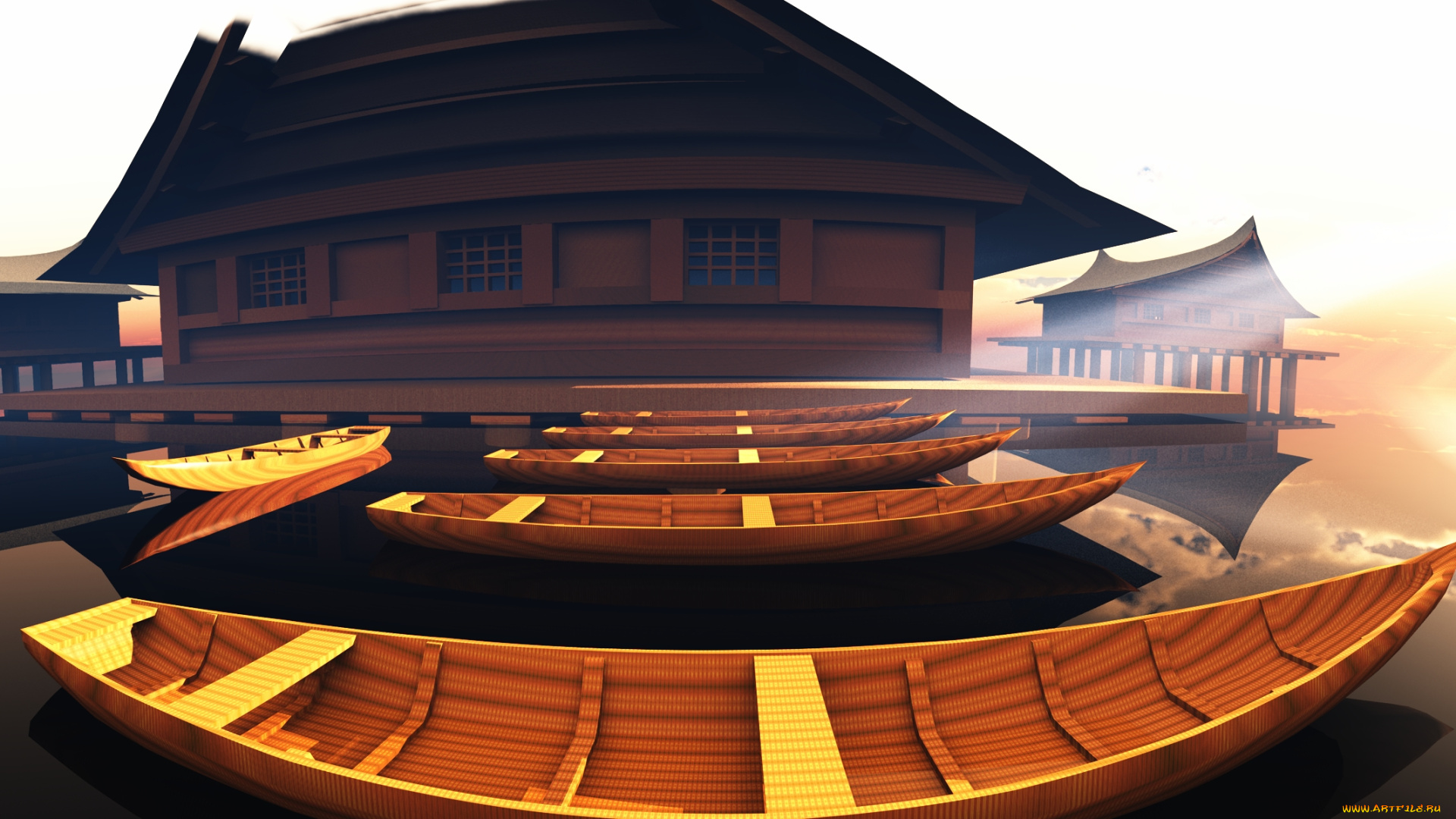 3д, графика, realism, реализм, дом, вода, лодки