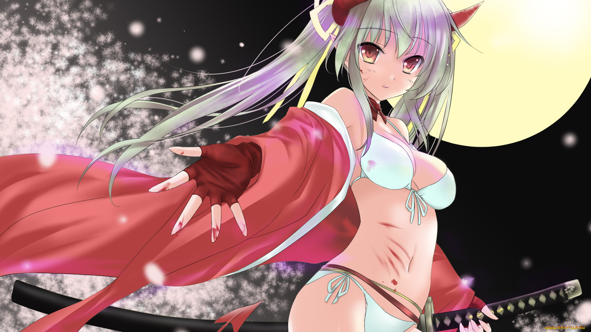 by, papuniko, аниме, pixiv, fantasia, девушка, демон, меч, луна, сакура, ночь