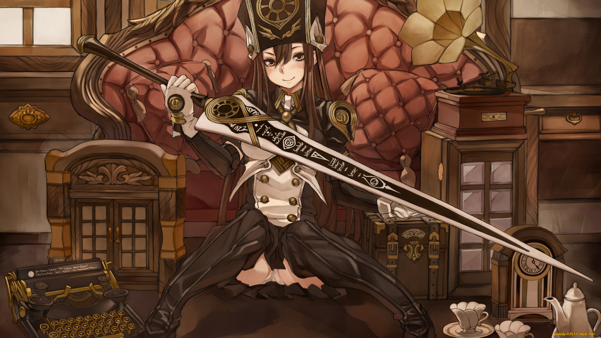 by, ricci, аниме, weapon, blood, technology, девушка, меч, комната, часы, машинка, граммофон