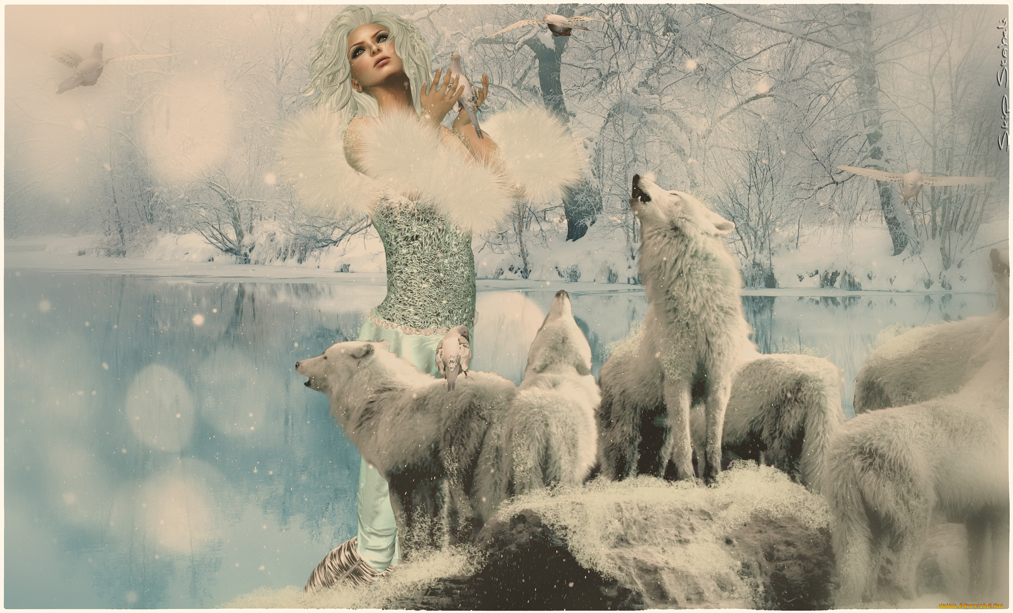 3д, графика, people, люди, деревья, озеро, девушка, зима, волки