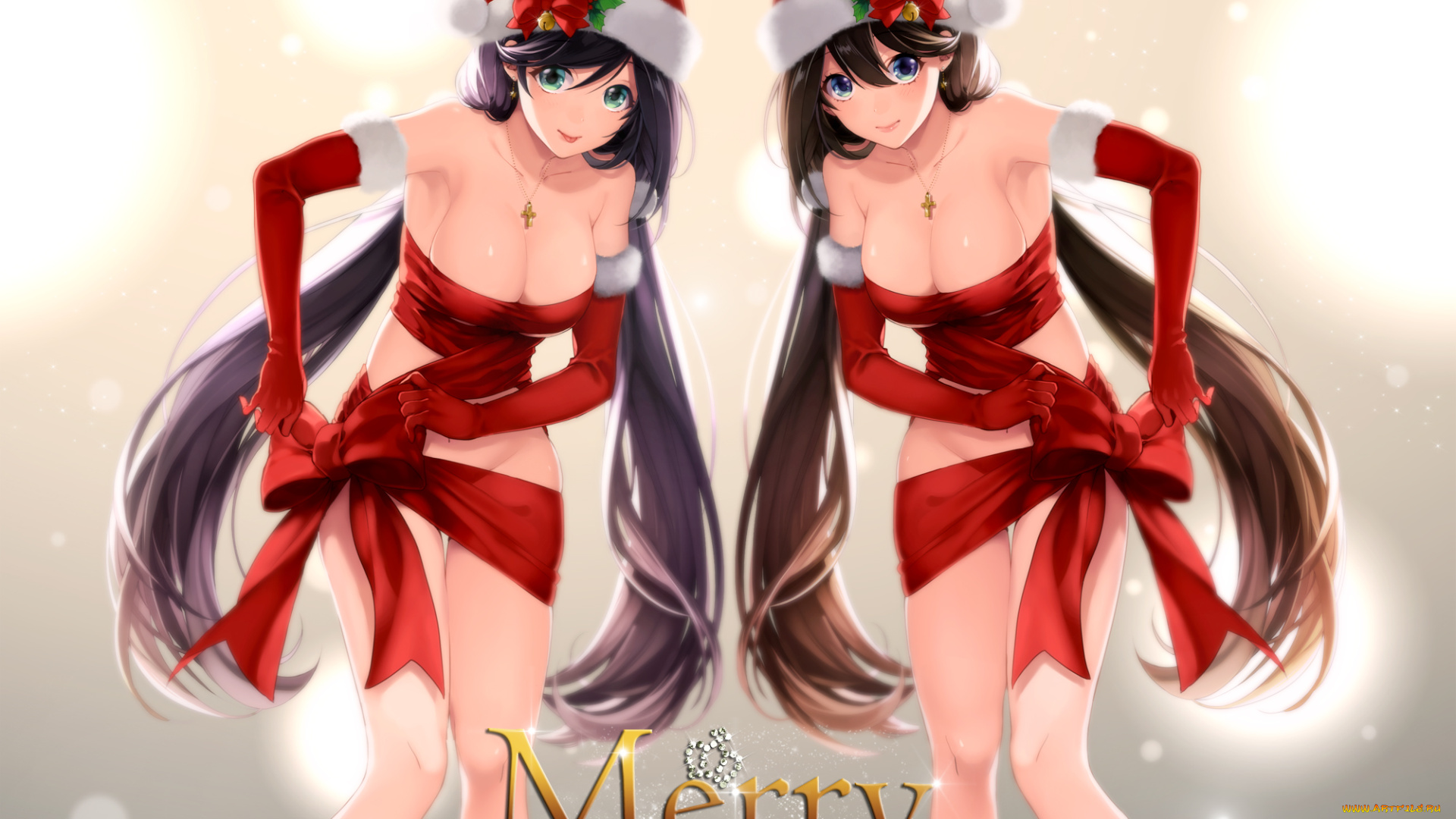 by, katase, waka, аниме, -merry, chrismas, &, winter, крест, девушки, близнецы, бант, костюм, шапка, колокольчики, ленты
