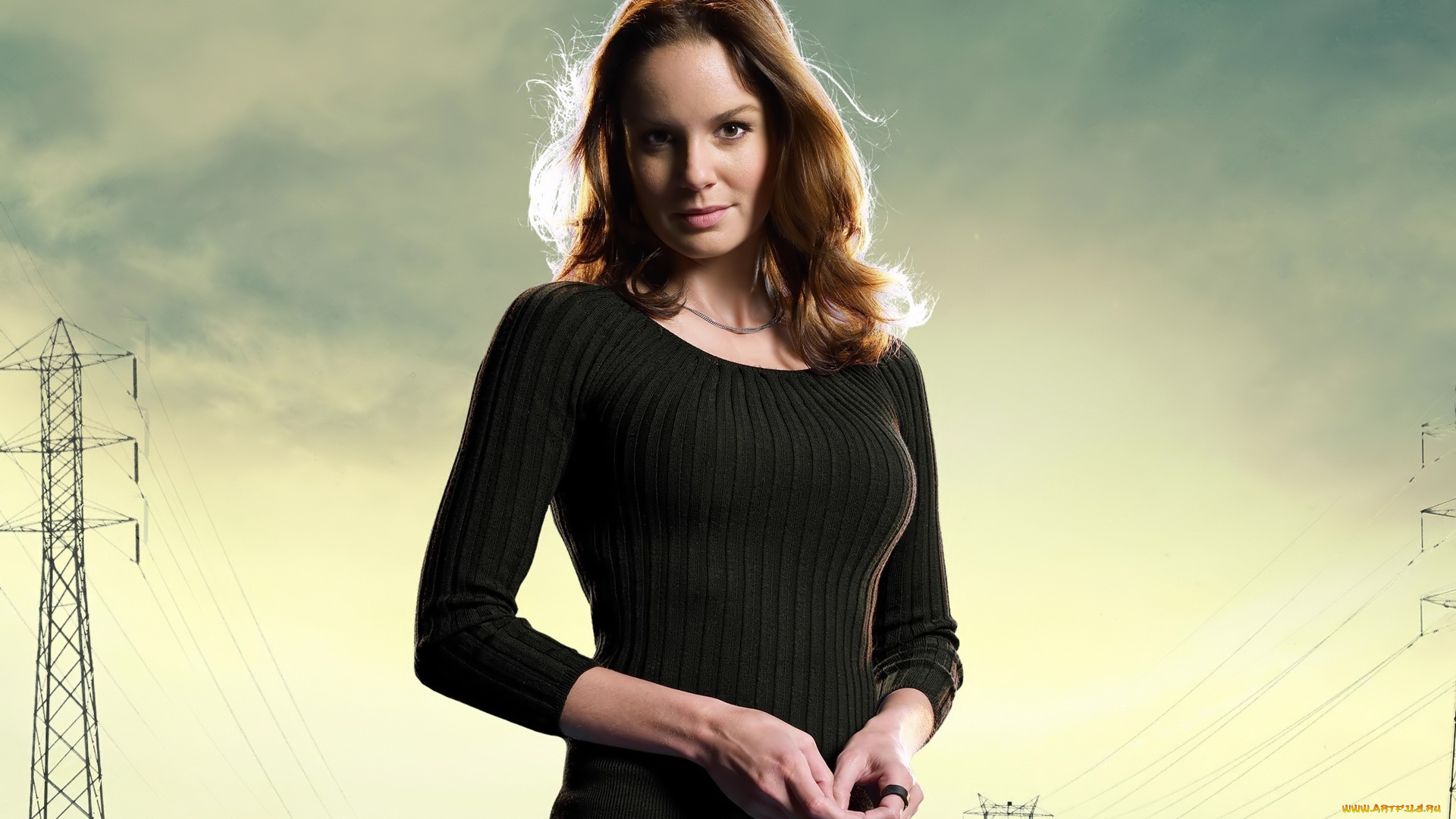 девушки, sarah, wayne, callies, столпы, эллектросети, брюнетка, небо