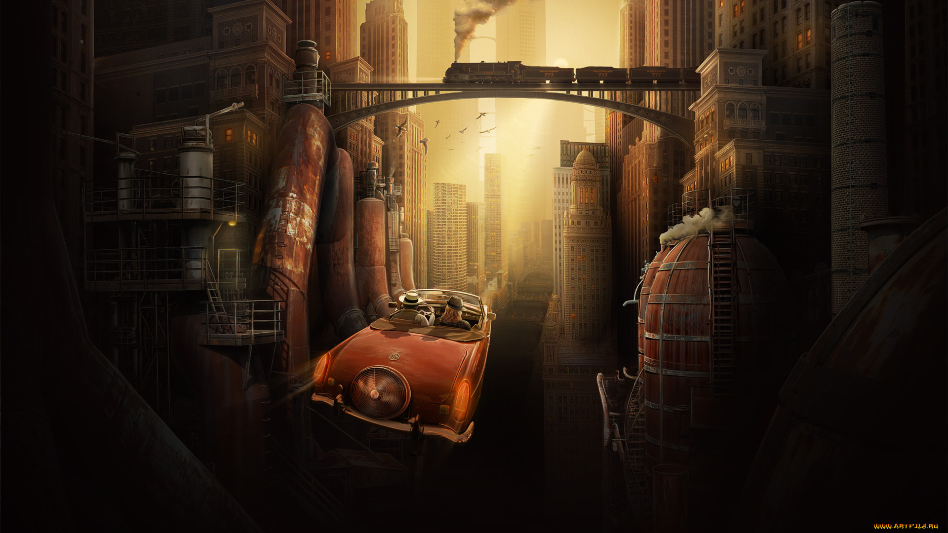 фэнтези, иные, миры, , иные, времена, автомобиль, поезд, мост, здания