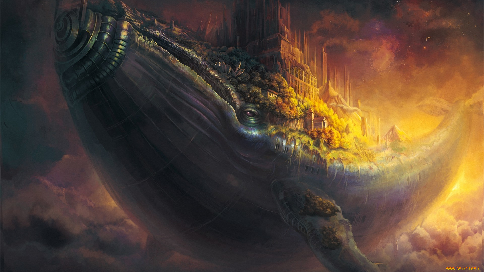 фэнтези, существа, кит, рыба, небо, полет, город, здания, облака