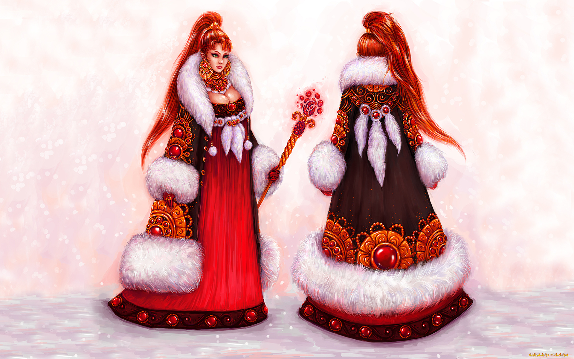 фэнтези, девушки, посох, шуба