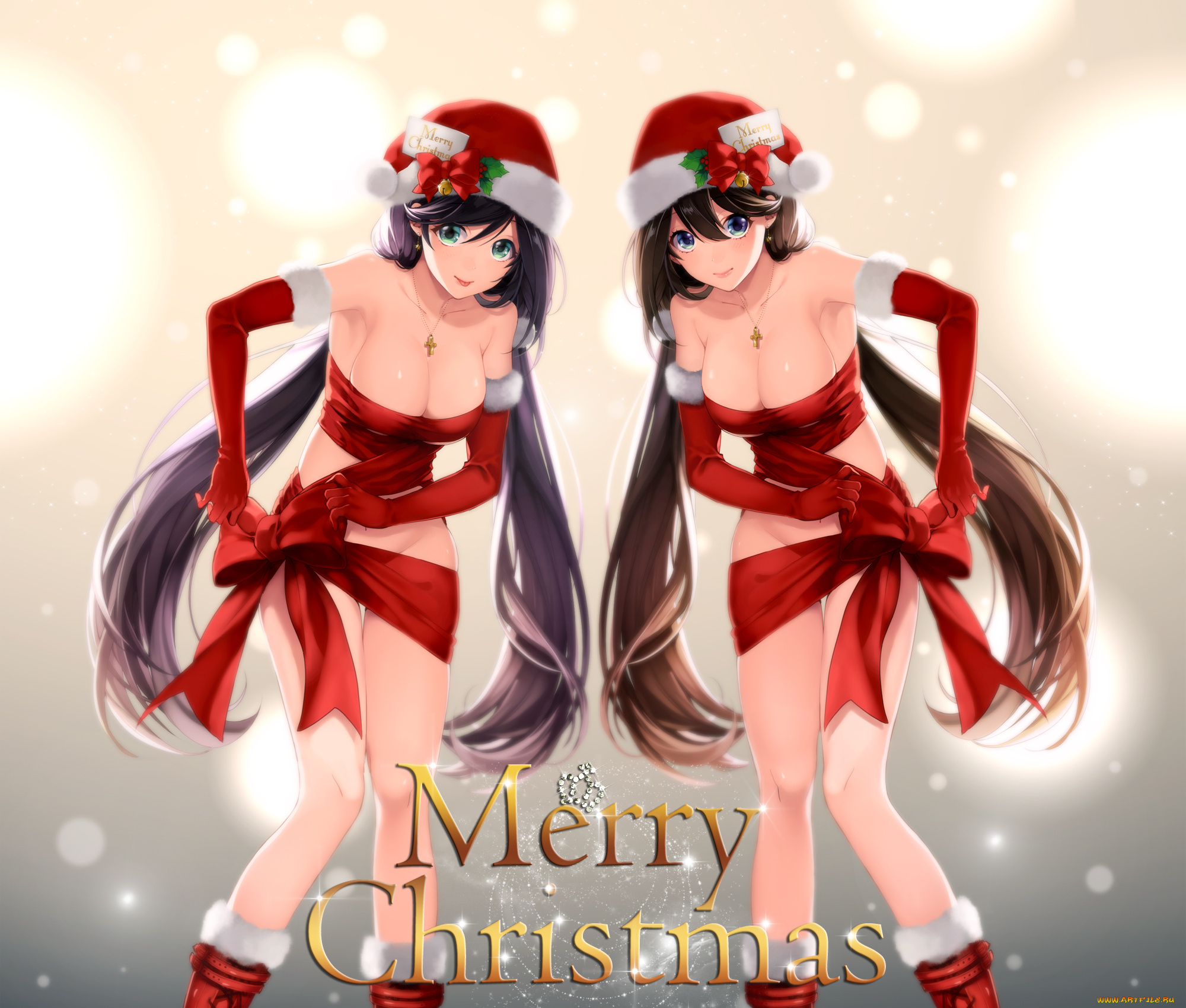 by, katase, waka, аниме, -merry, chrismas, &, winter, крест, девушки, близнецы, бант, костюм, шапка, колокольчики, ленты