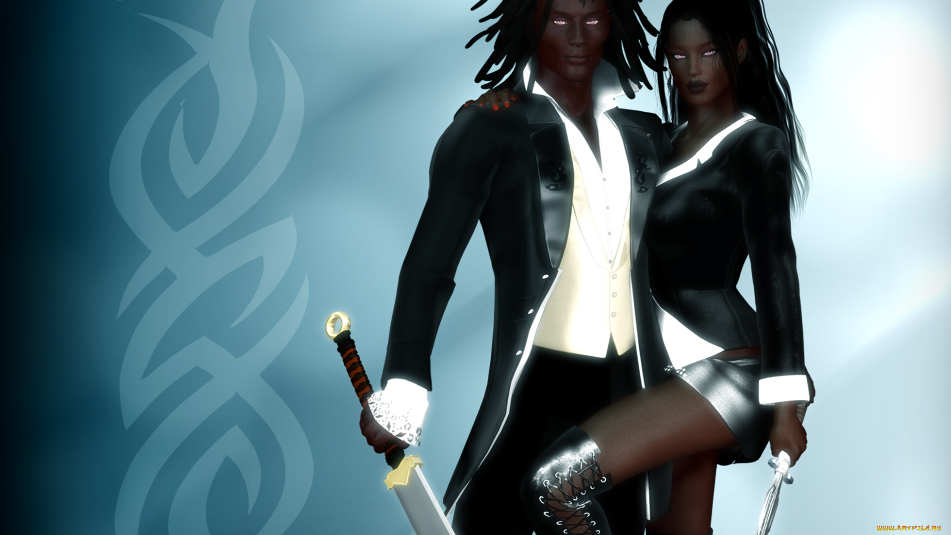 3д, графика, фантазия, , fantasy, мужчина, оружие, взгляд, девушка